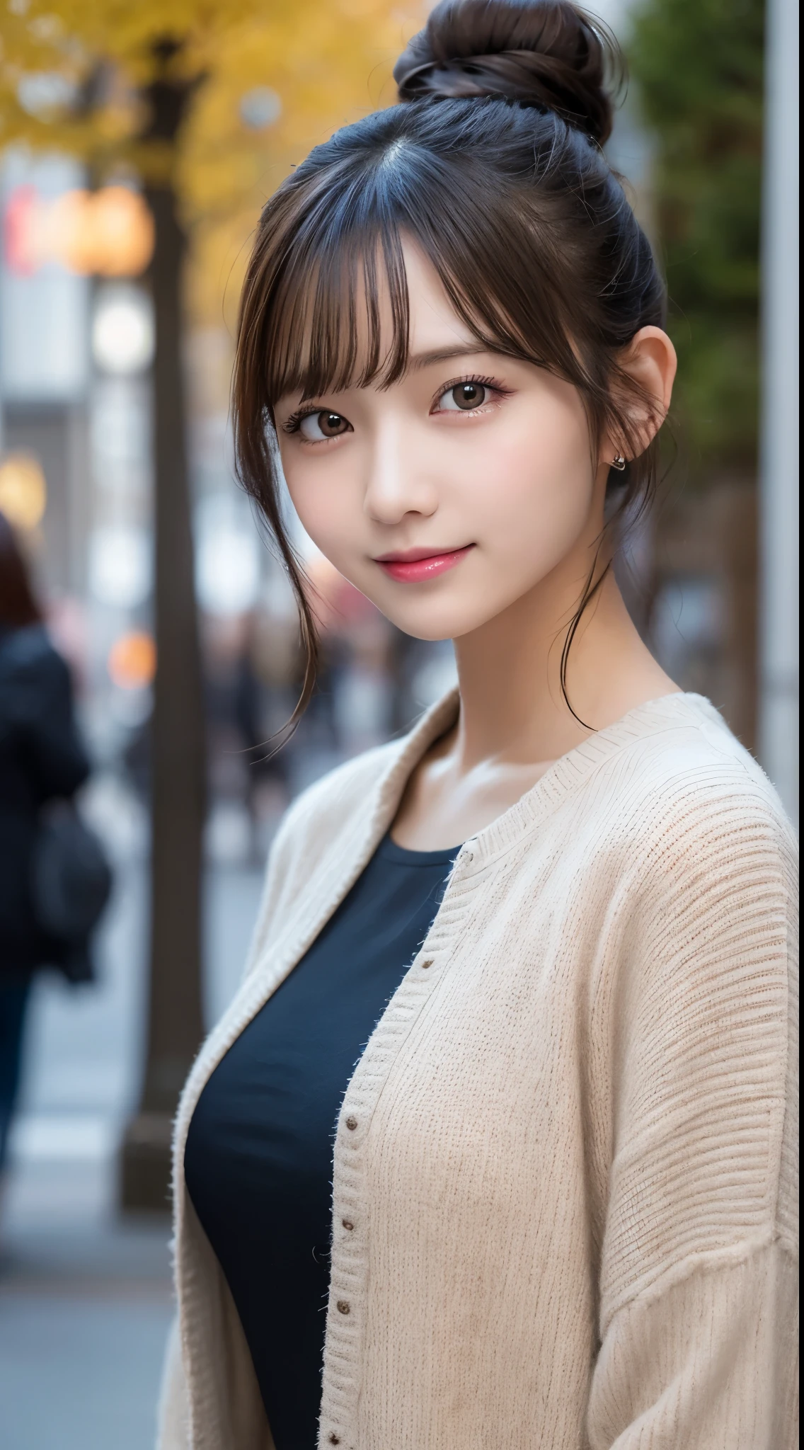 masutepiece, Best Quality, Illustration, Ultra-detailed, finely detail, hight resolution, 8K Wallpaper, Perfect dynamic composition, Beautiful detailed eyes, Trendy Women's Fashion Winter Clothes,Bun hair,Small breasts natural color lip, sexypose,Smile,Harajuku、20 years girl、Cute、is looking at the camera
