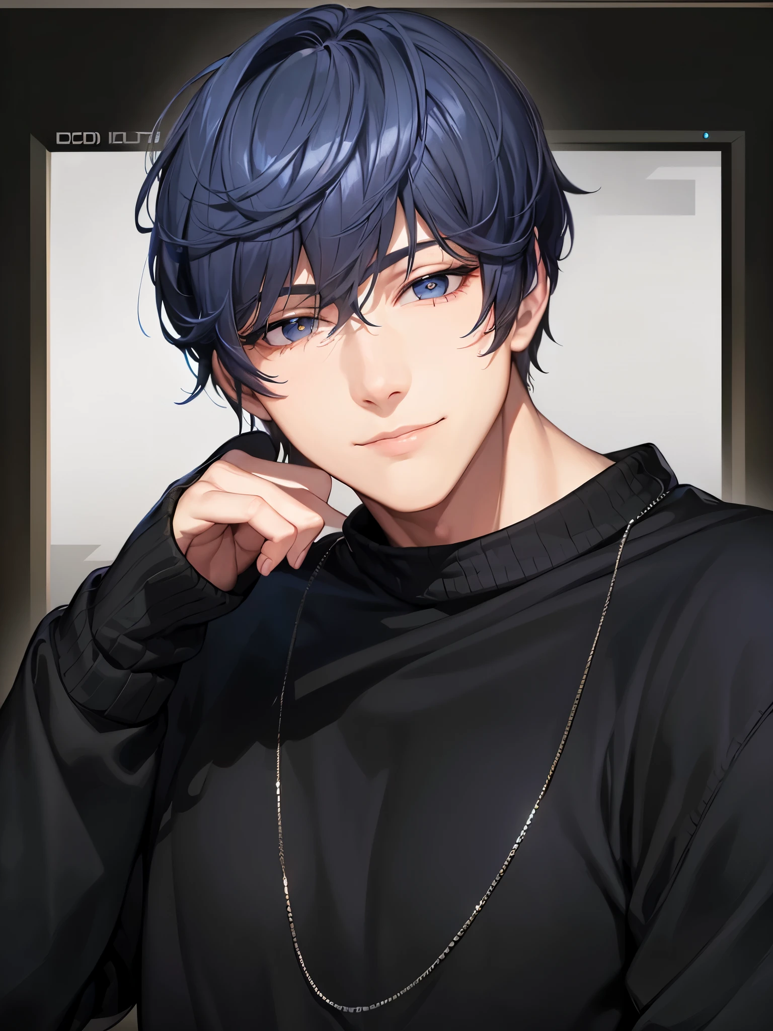 a handsome guy,cool look、Blue-black hair、Keep your mouth shut、Highly detailed CG Unity 8K wallpaper, (super masterpiece, Beautiful person, detailed face、Dirty smile, realistic, surreal),