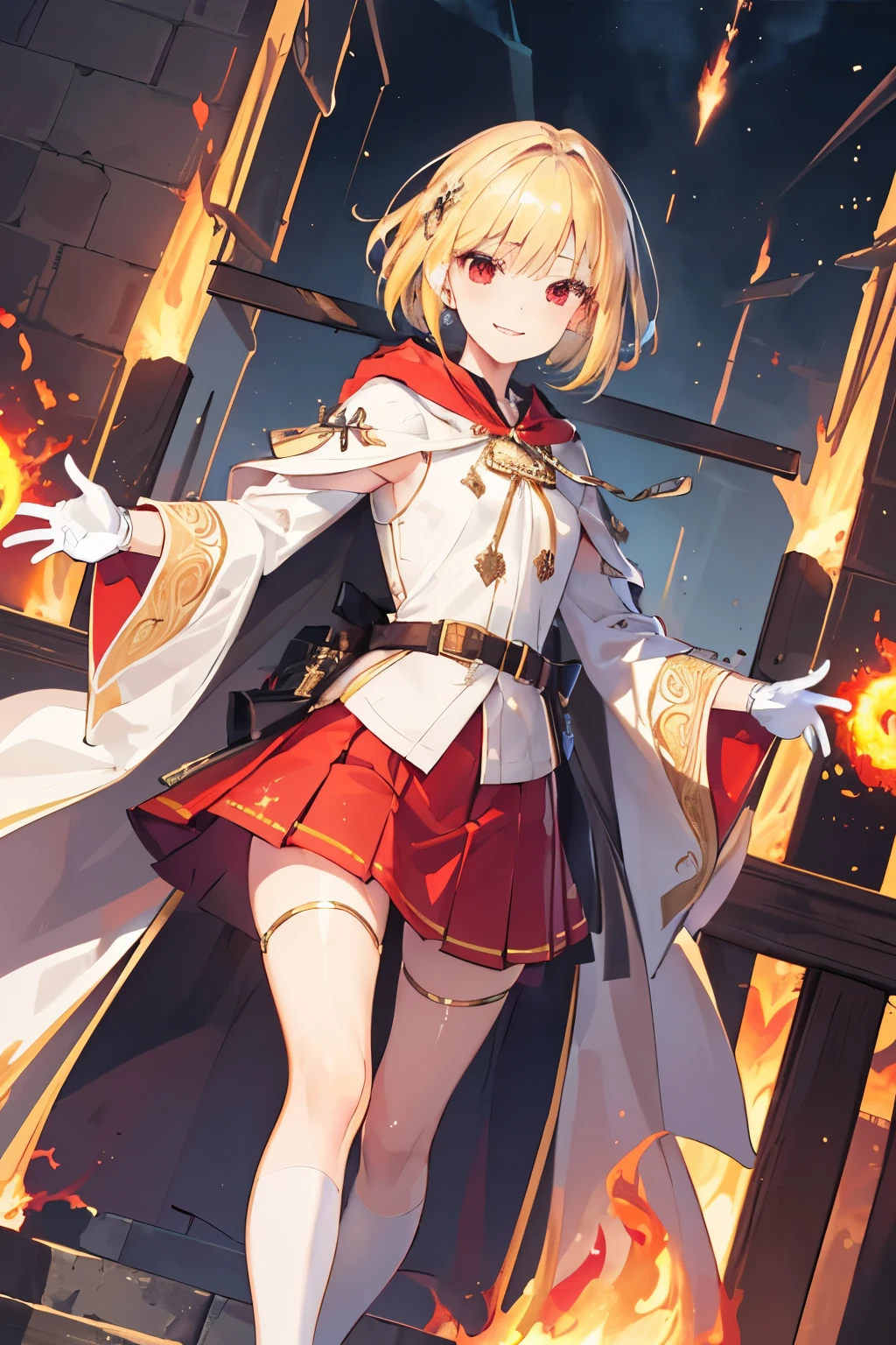 (((1girl))), ((best quality)), ((masterpiece)), ((ultra-detailed)), (illustration), (detailed light), (an extremely delicate and beautiful), (beautiful detailed eyes), (sunlight), ((extremely light)),  ((extremely clothes)), (((hyper detail))),(((((front lighting))))),(((((front light))))),

((((quite adorable and erotic Wizard's robe with a brief skirt)))), (((High Class Wizard))),
, 

wavy short manish bob, ((((yellow gold hair)))), (((short hair))), 
(((ruby red eyes))), 

(((whole body))),  8 to 1((())))),
((condescending expression)), ((mischievous smile with sexual satisfaction)),  (((extra adorable))), (((extra slender shape))), 
(((extremely beautiful detailed face))),
(((attacking enemies by a spell of strom of fire balls))), 
(((((Dutch angle))))), (((white gloves)))