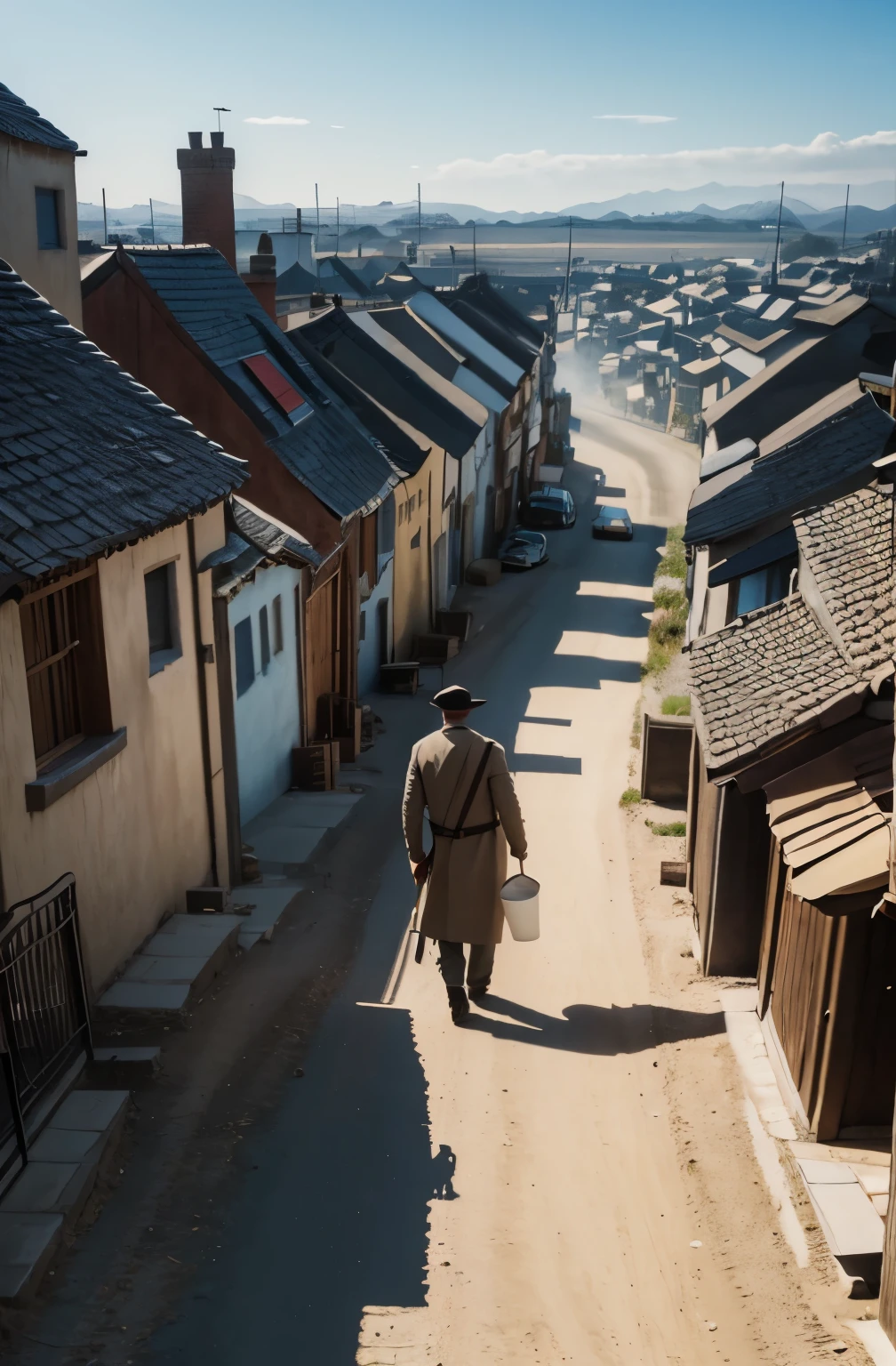 A man with a big spoon enters a town where houses are made of porridge.", style: 4k