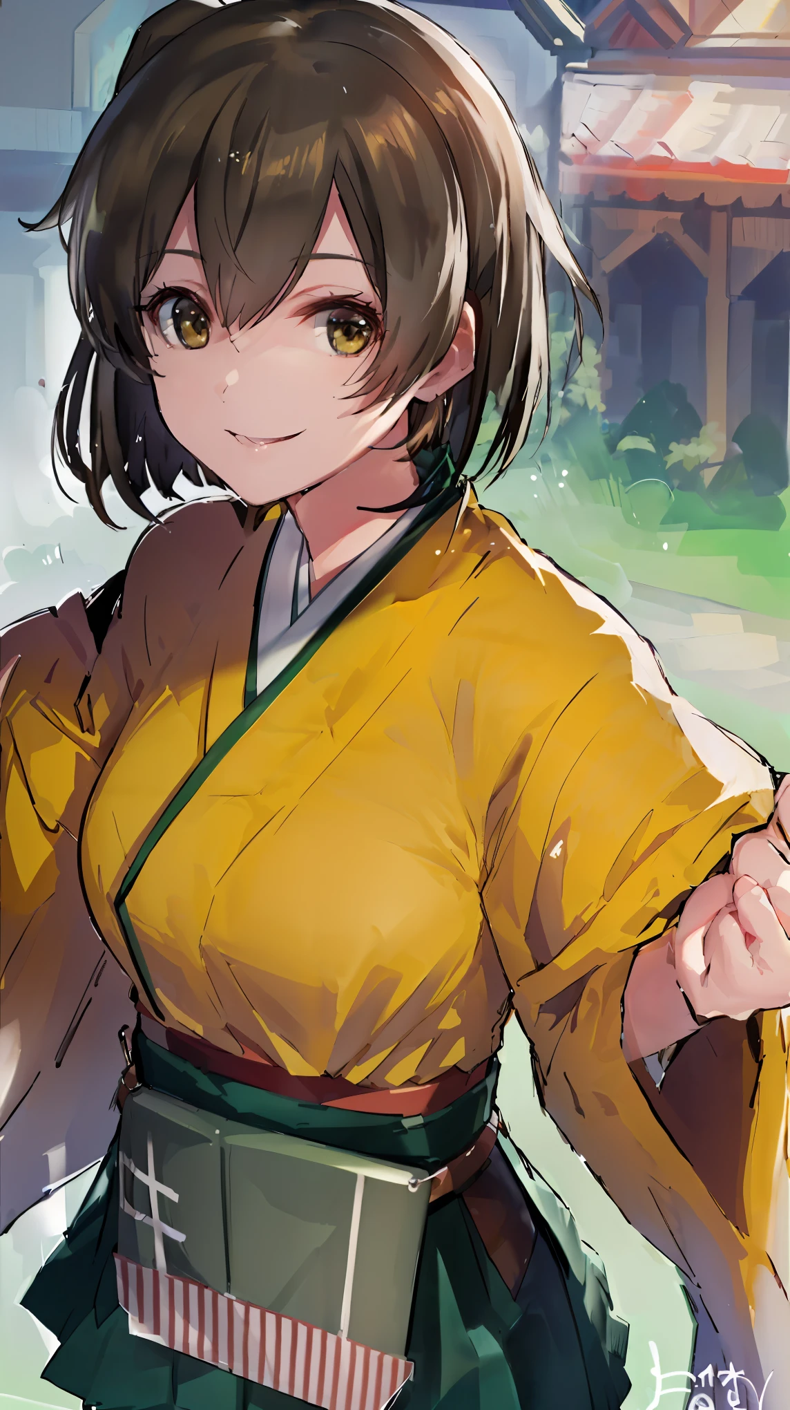 (masterpiece), (best quality), (ultra-detailed), photorealistic, (best illustration), (an extremely delicate and beautiful),finely detailed beautiful eyes: 1.2)1girl, hiryuukc, orange kimono, one side up, brown eyes, brown hair, green hakama, hakama short skirt, [outstretched arms::0.35], smile, cowboy shot, [:(peace sign):0.35], [:(hand in own hair):0.35]Very Fine Eyes Very Fine Face、Insanely detailed body、Extremely fine skin, very elaborate hair ornament, Precisely shaped body and hands