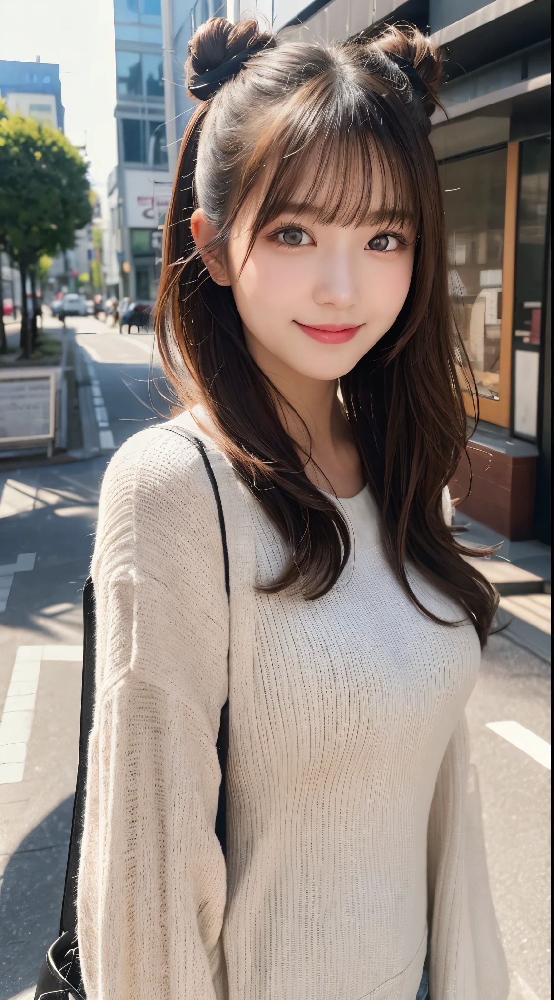 masutepiece, Best Quality, Illustration, Ultra-detailed, finely detail, hight resolution, 8K Wallpaper, Perfect dynamic composition, Beautiful detailed eyes, Trendy Women's Fashion Winter Clothes,Bun hair,Small breasts natural color lip, sexypose,Smile,Harajuku、20 years girl、Cute、is looking at the camera