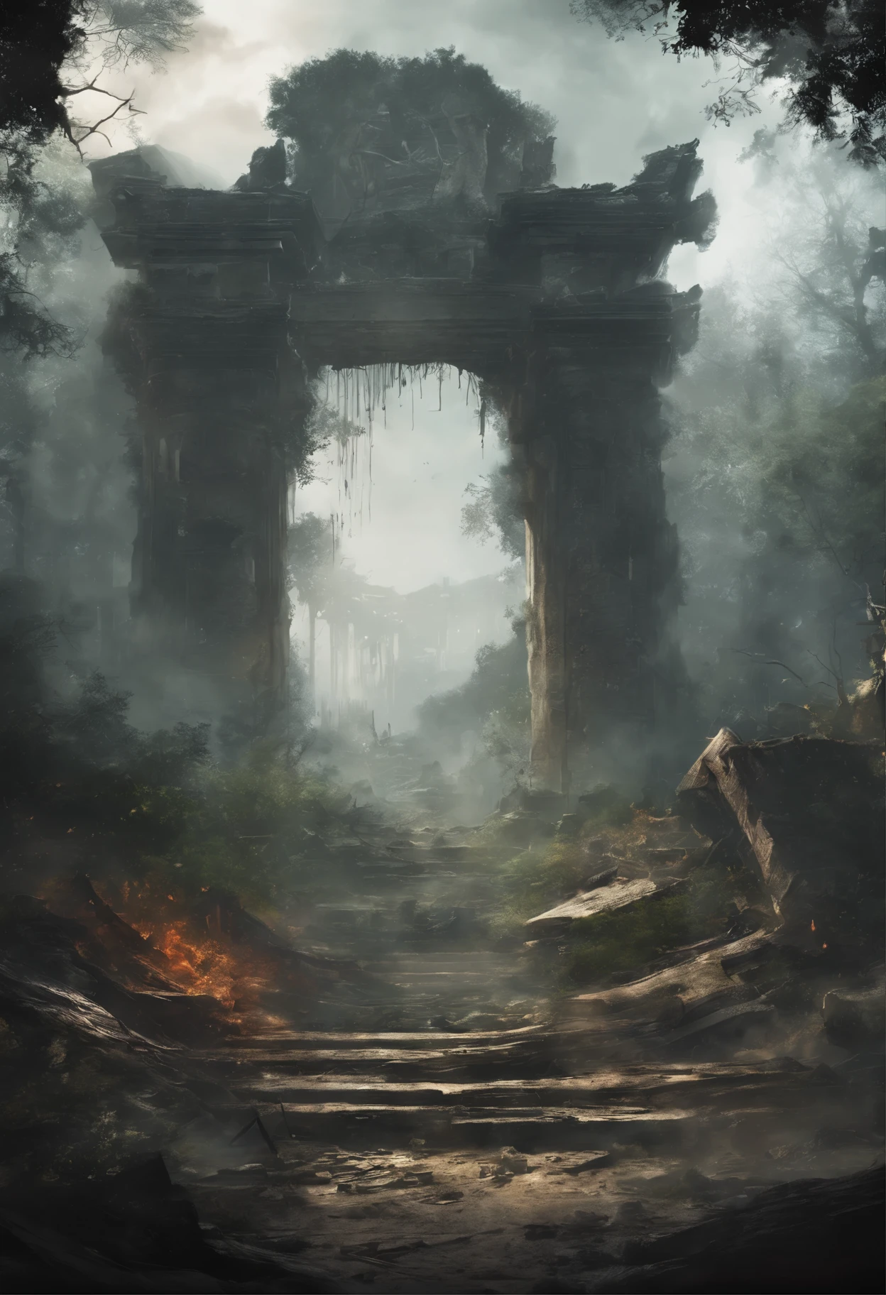fog,extreme collapse,destruction,ruins,shrine,in the forest