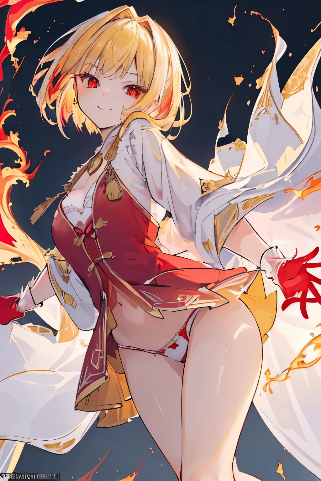 (((1girl))), ((best quality)), ((masterpiece)), ((ultra-detailed)), (illustration), (detailed light), (an extremely delicate and beautiful), (beautiful detailed eyes), (sunlight), ((extremely light)), ((extremely clothes)), (((hyper detail))),(((((front lighting))))),(((((front light))))),
((((quite adorable and erotic Wizard's robe with a brief skirt)))), (((High Class Wizard))),
,
wavy short manish bob, ((((yellow gold hair)))), (((short hair))),
(((ruby red eyes))),
(((whole body))), aged 8 to 12, ((((())))),
((condescending expression)), ((mischievous smile with sexual satisfaction)), (((extra adorable))), (((extra slender shape))),
(((extremely beautiful detailed face))),
(((attacking enemies by a spell of strom of fire balls))),
(((((Dutch angle))))), (((white gloves))), (((exposed pure red panties)))
