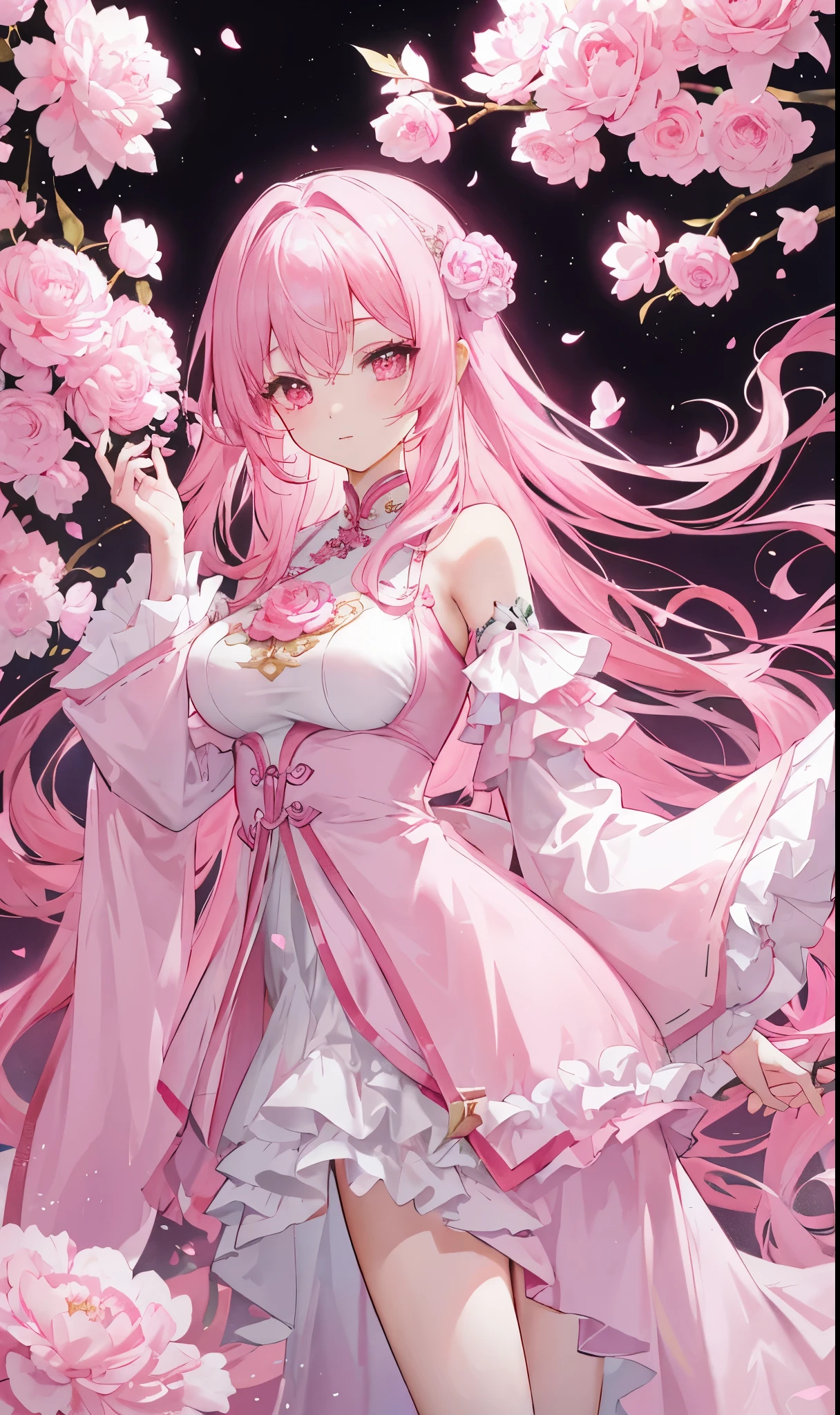 Pink peonies for decoration，Long light pink hair，Dark pink and white clothes，Fairy Sister of Hehuan Sect，A crazy beauty who knows how to whip slaves！