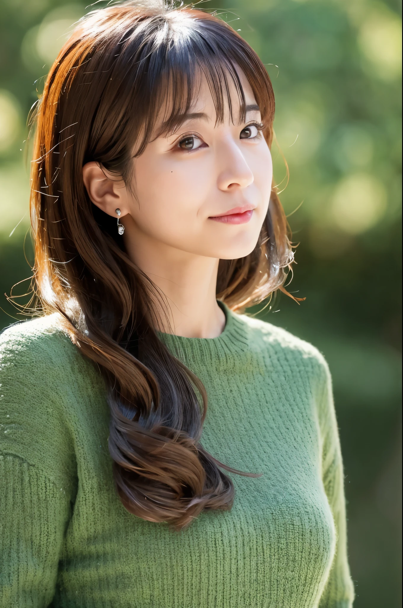 High resolution, super detailed photos, portrait, thin japanese woman, 40 years old, look at the audience, cute face, detailed face, fine eyes, long hair, knit dress, Alone in a photo, In Kyoto, wallpaper