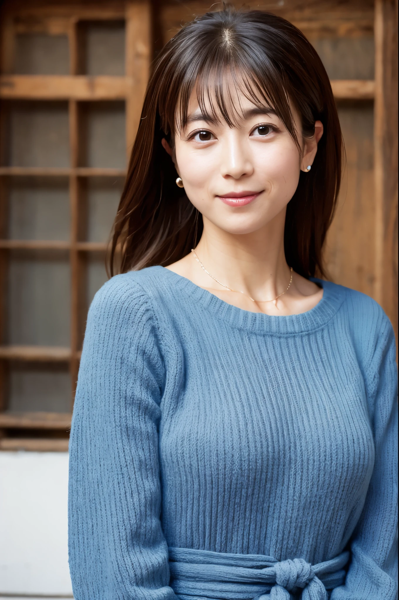 High resolution, super detailed photos, portrait, thin japanese woman, 40 years old, look at the audience, cute face, detailed face, fine eyes, long hair, knit dress, Alone in a photo, In Kyoto, wallpaper