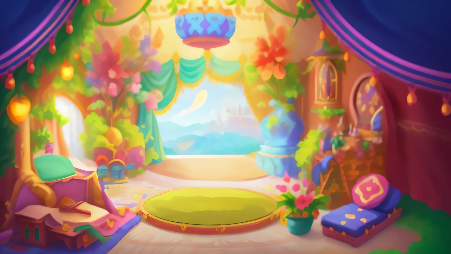 Cartoon illustration of room with stage and stage curtain, palace background, interior background art, Fairy tale style background, indoor tent background, arena background, background art, mobile game background, royal garden background, island background, magical fairy background, magic lab background, ballroom background, background artwork, floral environment, cozy cafe background, Warm home background