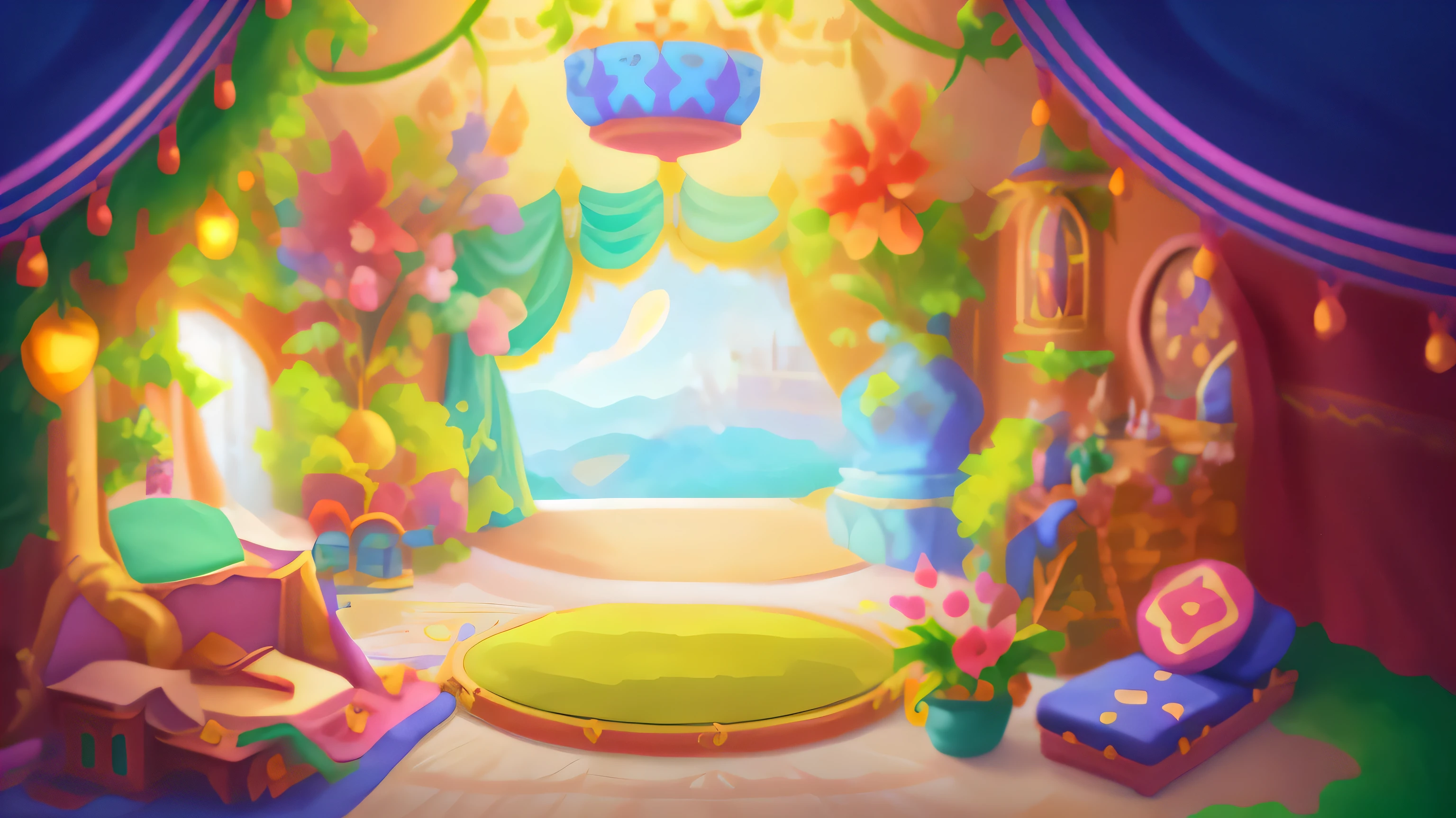 Cartoon illustration of room with stage and stage curtain, palace background, interior background art, Fairy tale style background, indoor tent background, arena background, background art, mobile game background, royal garden background, island background, Magical fairy tale background, magic lab background, ballroom background, background artwork, floral environment, cozy cafe background, Warm home background