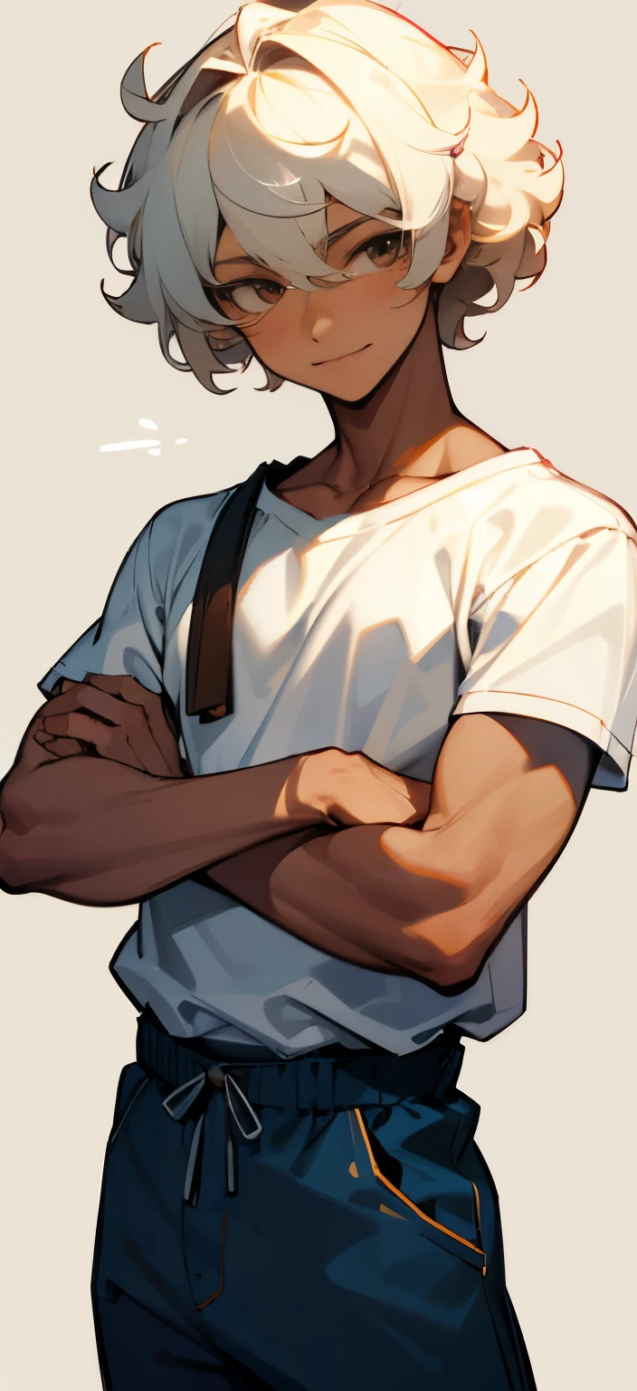 cute filipino male with bleached, curly hair with dark roots, tanned skin, and casual clothing, soft smile