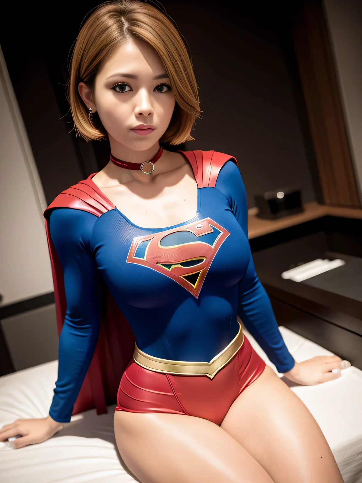 masterpiece,Supergirl costumes, short hair, barefoot, big and full breasts,operating room、operating table、straddle、damaged、shiny、look at the camera、choker、long sleeve、red mini skirt