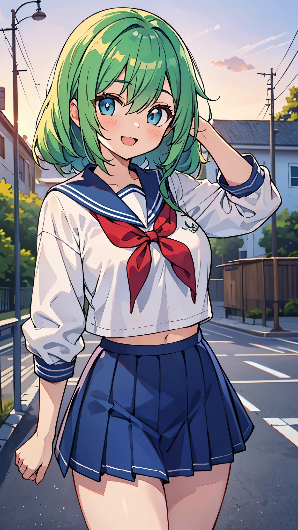 ((Pretty High School girl with green hair and blue eyes)), ((wearing Sailor suit)),  , ((master piece, top-quality, ultra-definition, high resolution)), anime girl, ((ultra-detailed illust:1.2)), only one person, bangs, hair between eye, beautiful hair, Beautiful eyes, Medium breasts, thighs, Big smile, blushing, opened mouth, in the school backyard, at dusk, sunset