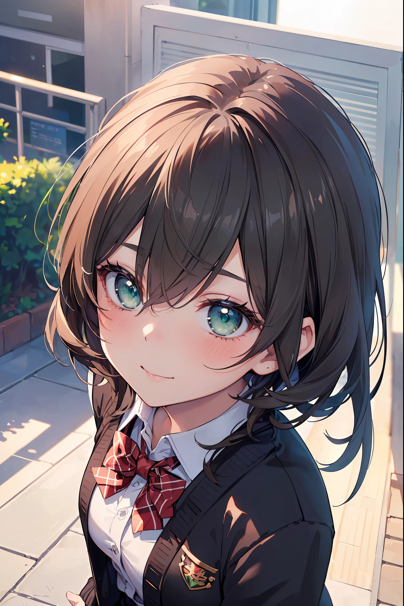 ((masterpiece, best quality, highres, UHD, perfect pixel, depth of field, 4k, RTX, HDR))), 1girl, single, solo, beautiful anime girl, beautiful artstyle, anime character, ((long hair, bangs, brown hair, curly hair:0.5)), ((green eyes:1.4, rounded eyes, beautiful eyelashes, realistic eyes)), ((detailed face, blushing:1.2)), ((smooth texture:0.75, realistic texture:0.65, photorealistic:1.1, anime CG style)), medium breasts, dynamic angle, perfect body, ((portrait, pov)), ((red bowtie, school uniform, black jacket, open jacket, brown cardigan, white shirt, black skirt, plaid skirt)), smile, hands up, amusement park