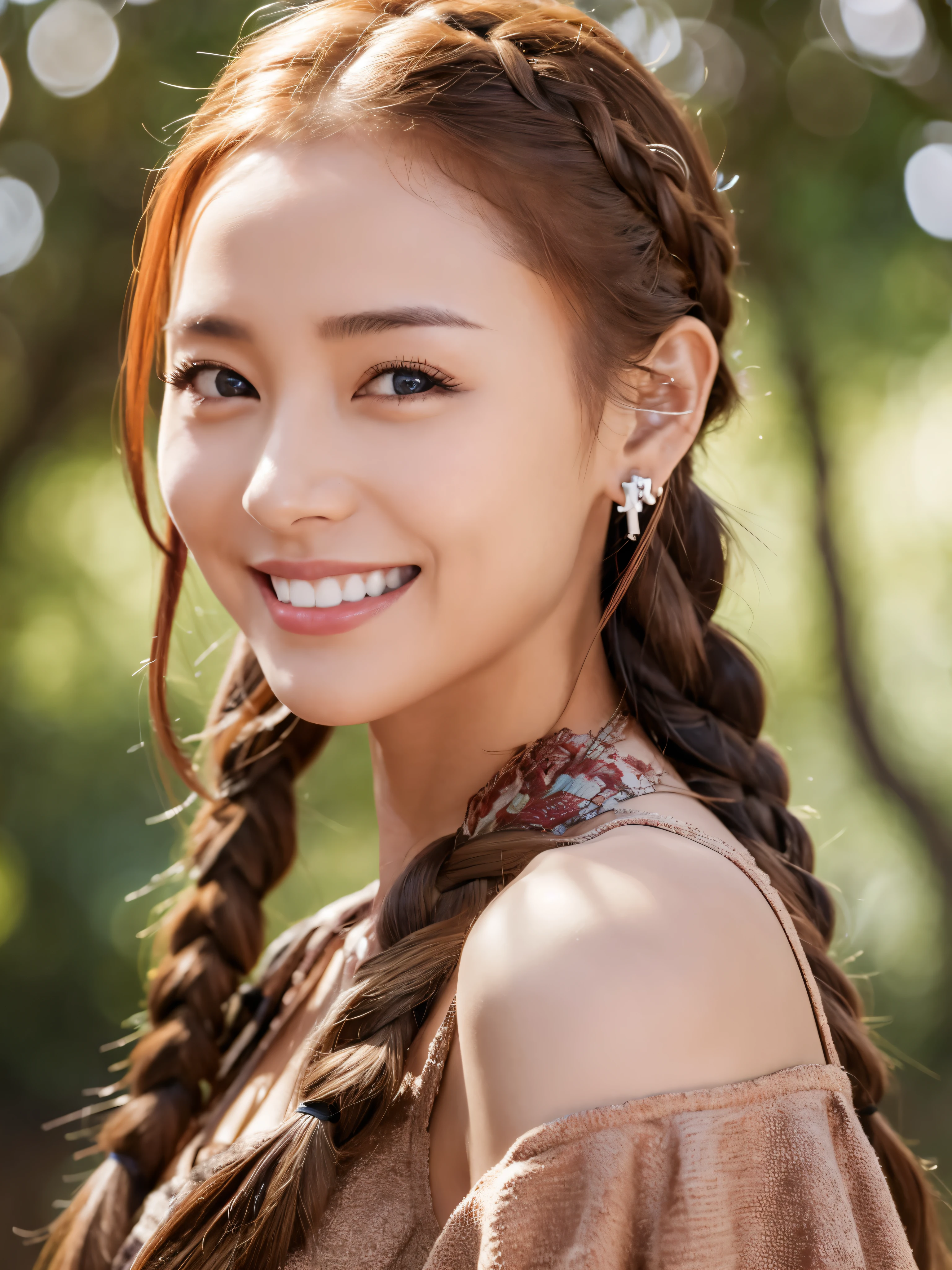 red hair, braid, braided bangs, hairpin, Amber eyes, Heart Earrings, smile, รอยsmileที่เย้ายวนใจ, Painting genres, depth of field, Fuji Color, head out of frame, Multiple views, Sony FE GM, Bokeh, UHD, 16k, Anatomically correct, The surface is textured., Super details, won, best quality