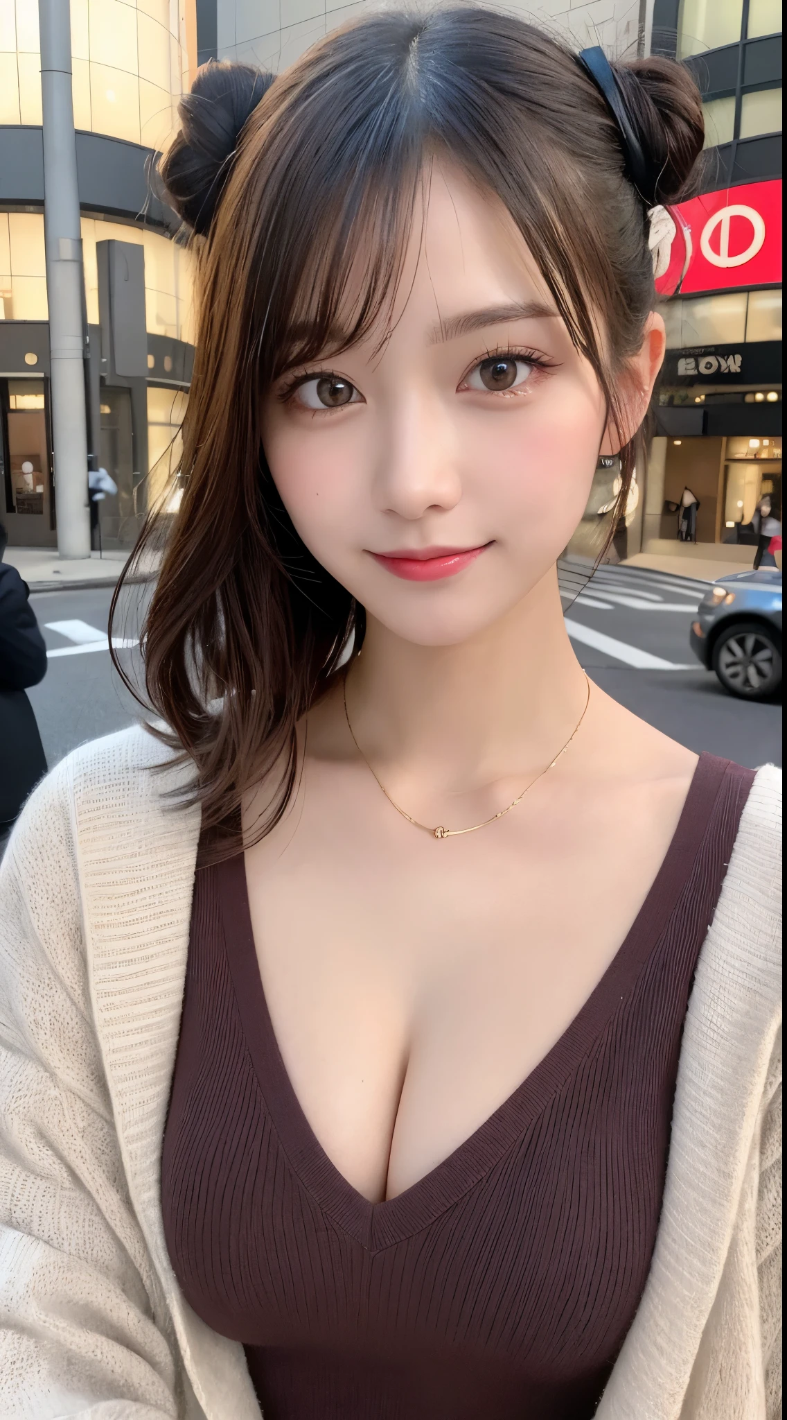 masutepiece, Best Quality, Illustration, Ultra-detailed, finely detail, hight resolution, 8K Wallpaper, Perfect dynamic composition, Beautiful detailed eyes, Trendy Women's Fashion Winter Clothes,Bun hair,Small breasts natural color lip, sexypose,Smile,Harajuku、20 years girl、Cute、is looking at the camera