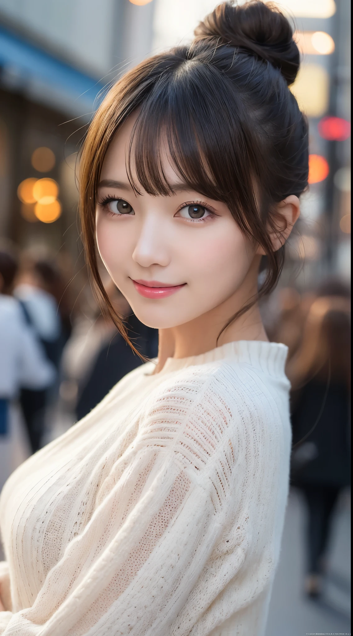 masutepiece, Best Quality, Illustration, Ultra-detailed, finely detail, hight resolution, 8K Wallpaper, Perfect dynamic composition, Beautiful detailed eyes, Trendy Women's Fashion Winter Clothes,Bun hair,Small breasts natural color lip, sexypose,Smile,Harajuku、20 years girl、Cute、is looking at the camera