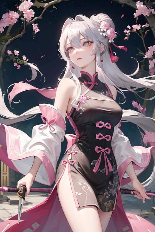 pink , Masterpiece, Best Quality, Night, Full Moon, 1 Girl, Mature Woman, Chinese Style, Ancient China, Sister, Royal Sister, Cold expression, expressionless face, Silver white long haired woman, Light pink lips, Calm, Intellectual, Three belts, Gray pupils, Assassin, Short knife, Flower ball background, Strolling in the street scenery