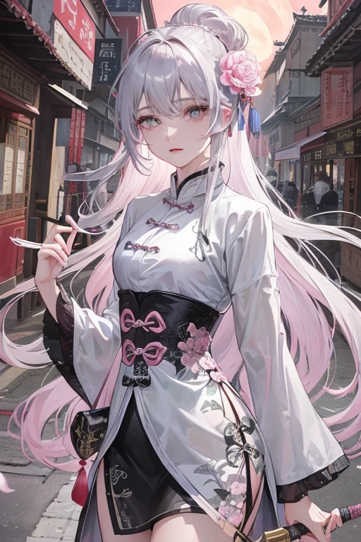 pink , Masterpiece, Best Quality, Night, Full Moon, 1 Girl, Mature Woman, Chinese Style, Ancient China, Sister, Royal Sister, Cold expression, expressionless face, Silver white long haired woman, Light pink lips, Calm, Intellectual, Three belts, Gray pupils, Assassin, Short knife, Flower ball background, Strolling in the street scenery