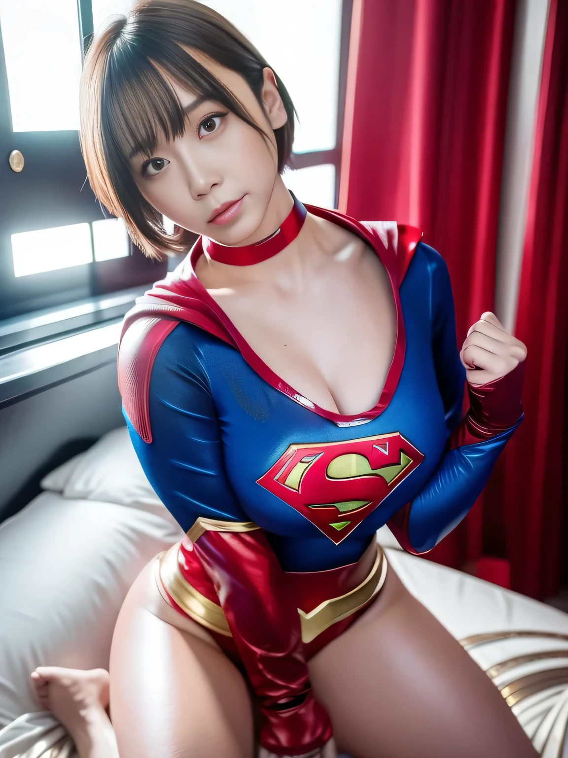 masterpiece,Supergirl costumes, short hair, barefoot, big and full breasts,operating room、operating table、straddle、damaged、shiny、look at the camera、choker、long sleeve、red mini skirt