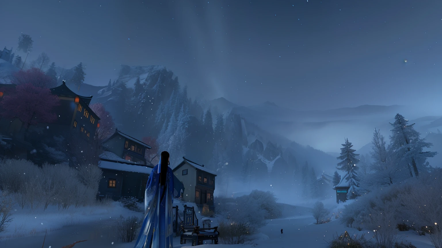 (a man wearing a blue traditional Chinese gown) stands in front of a snow-covered rural landscape. The scene is captured in a computer screenshot, depicting a highly detailed setting. The image is in an ultra-wide format and showcases the best quality with a 4K resolution. It resembles a screenshot from a 2020 video game, providing a realistic and immersive experience. The scene is further enhanced with an ultra-detailed rendering, resembling a masterpiece artwork. The atmosphere is enriched with a winter goddess aesthetic, where the sky resembles a faintly faded Go board, creating a unique and ethereal ambiance.
