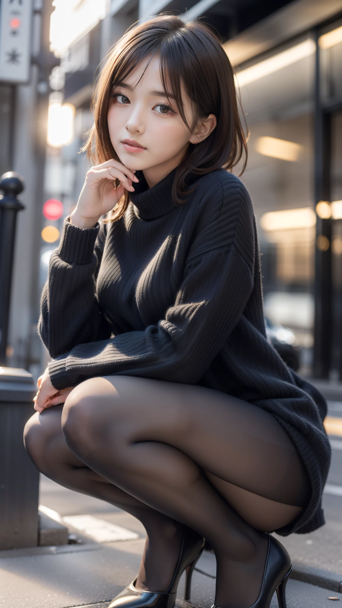 Photo taken by a professional photographer，Close-up of a woman squatting on the sidewalk with her legs crossed, kiko mizuhara, wearing a sweater, Shirahime cut brown hair, wearing a sweater, young and cute girl, japanese model, 白いwearing a sweater, Chiho, ランダムカラーのカジュアルなwearing a sweater,Cute ide waves with short hair, a cute young woman, cute young woman, black pantyhose，black tights，black high heels，