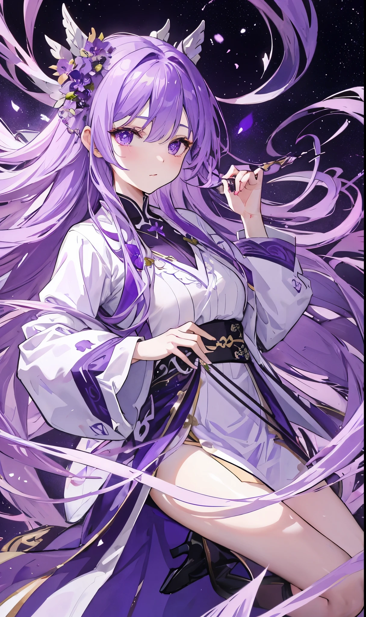 violets for decoration,Long light purple hair,Dark purple and white clothes,Fairy Sister of Hehuan Sect,A crazy beauty who knows how to whip slaves!