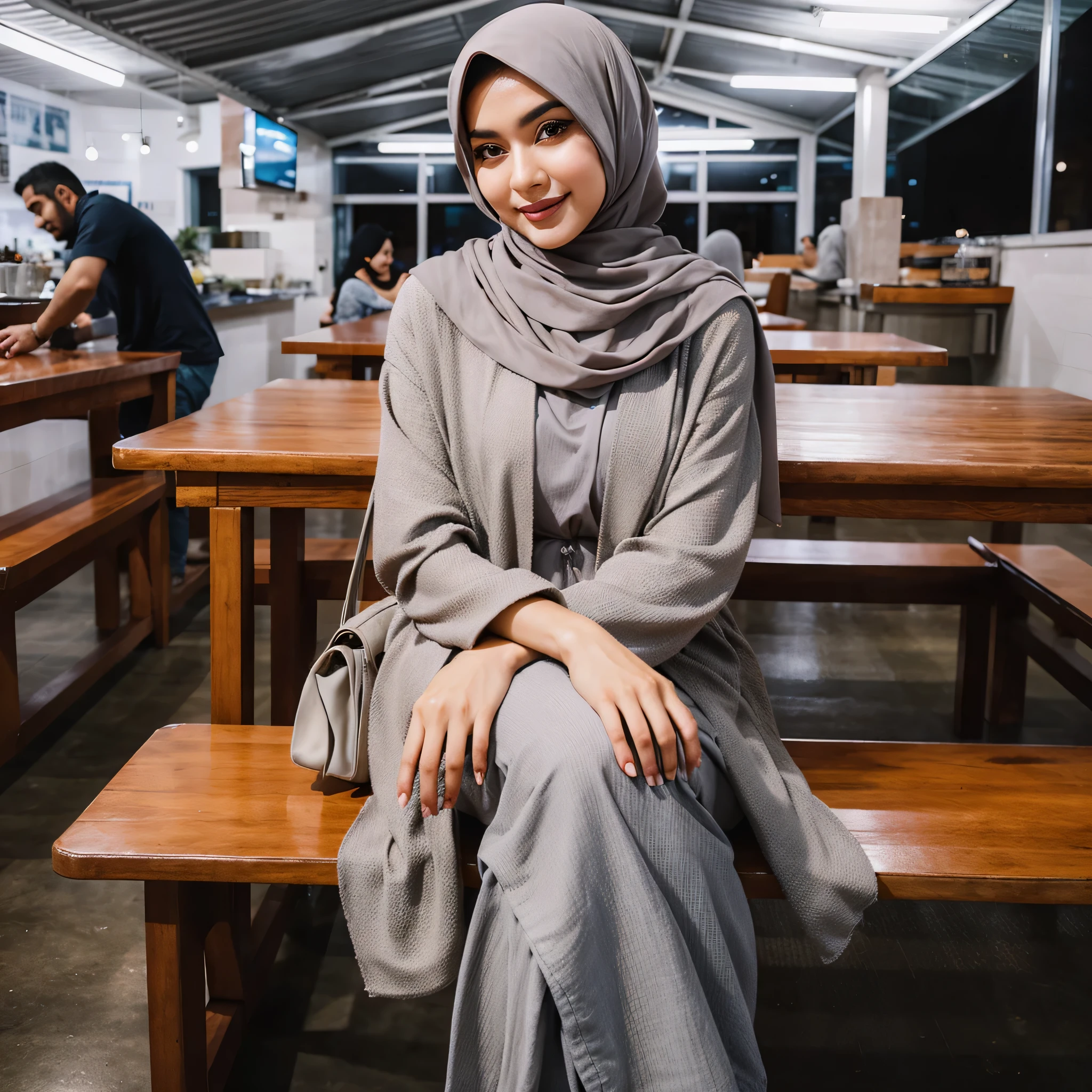 woman sitting on a bench in a restaurant wearing a gray hijab, inspired by Fathi Hassan, inspired by Shaddy Safadi, hijab, inspired by Nazmi Ziya Güran, inspired by Naza, taupe, handsome girl, shawl, casual clothing style, casual modern clothing, malaysian, attractive girl, lovely woman, light grey, inspired by Basuki Abdullah