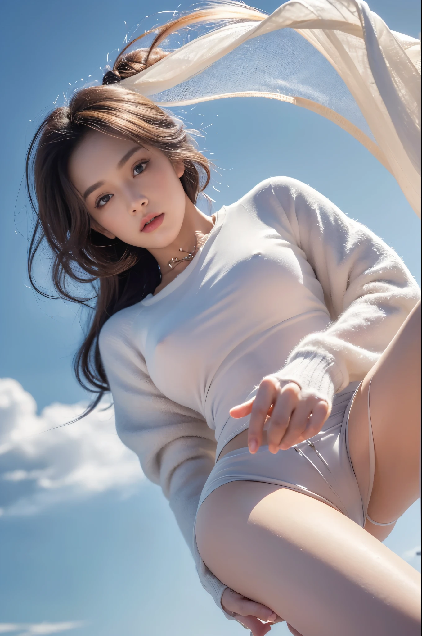 ((masterpiece, 32k,8k,wallpaper, high resolution, H,RAW photos,)),(realistically:1.5),(light),(Detailed fingers),(High detail skin:1.beautiful eyes),Look at the audience，1 girl,alone,center， Winters, Yuki,  Minkitz, lace up pantyhose,(huge ),twilight，Cloud，wind，hair flying，