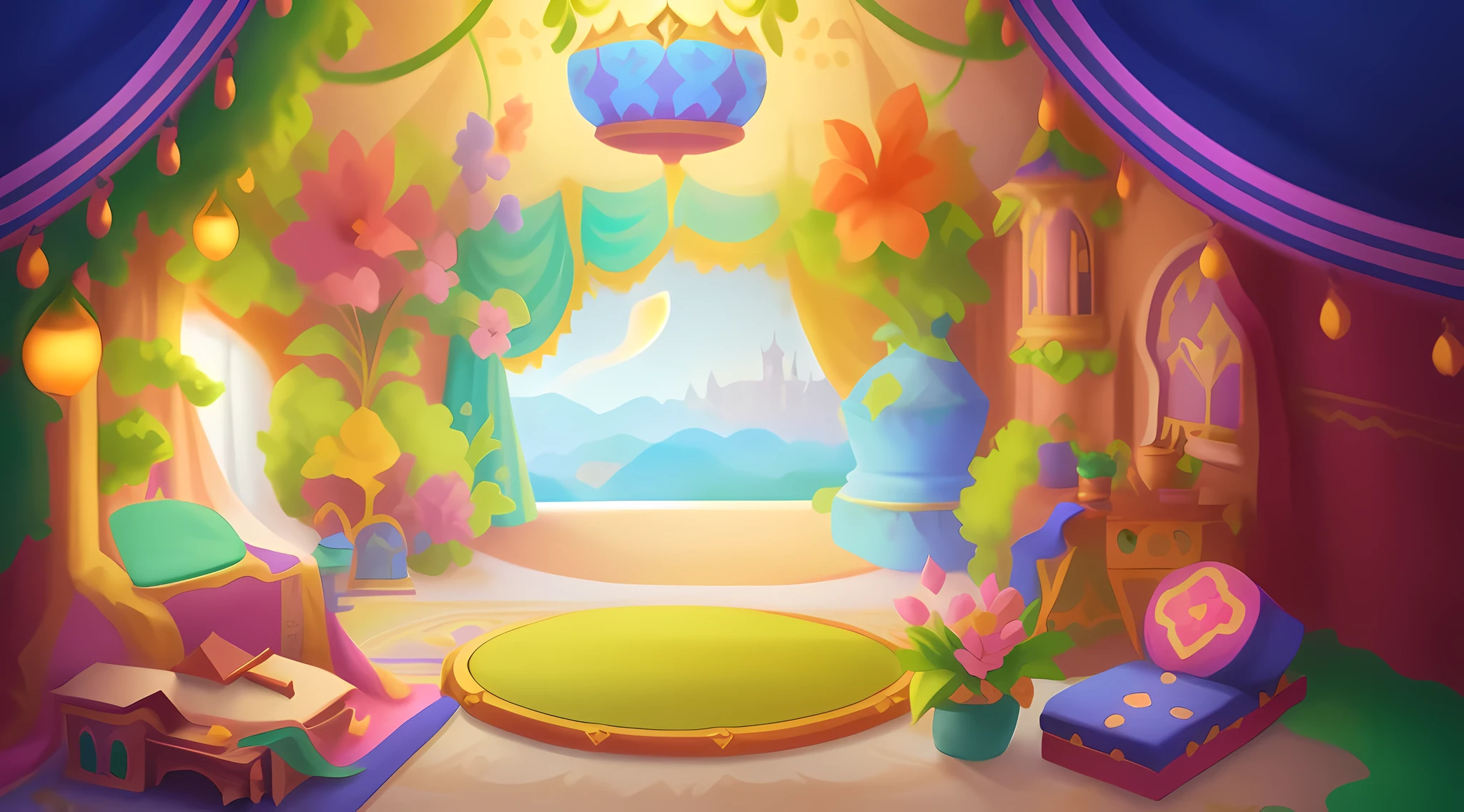 Cartoon illustration of room with stage and stage curtain, palace background, interior background art, Fairy tale style background, indoor tent background, arena background, background art, mobile game background, royal garden background, island background, Magical fairy tale background, magic lab background, ballroom background, background artwork, floral environment, cozy cafe background, Warm home background