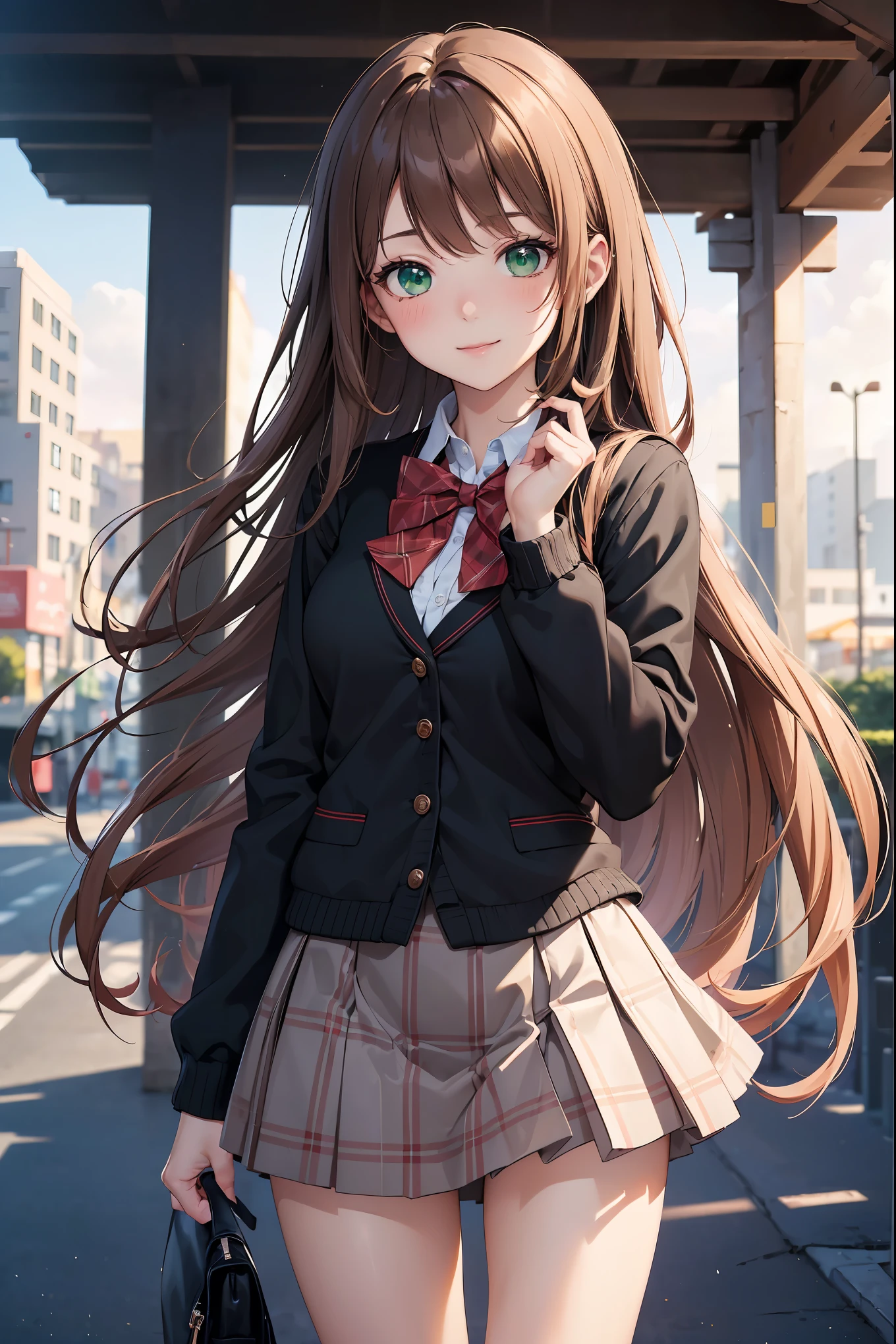 ((masterpiece, best quality, highres, UHD, perfect pixel, depth of field, 4k, RTX, HDR))), 1girl, single, solo, beautiful anime girl, beautiful artstyle, anime character, ((long hair, bangs, brown hair, curly hair:0.5)), ((green eyes:1.4, rounded eyes, beautiful eyelashes, realistic eyes)), ((detailed face, blushing:1.2)), ((smooth texture:0.75, realistic texture:0.65, photorealistic:1.1, anime CG style)), medium breasts, dynamic angle, perfect body, ((portrait, pov)), ((red bowtie, school uniform, black jacket, open jacket, brown cardigan, white shirt, black skirt, plaid skirt)), smile, hands up, amusement park