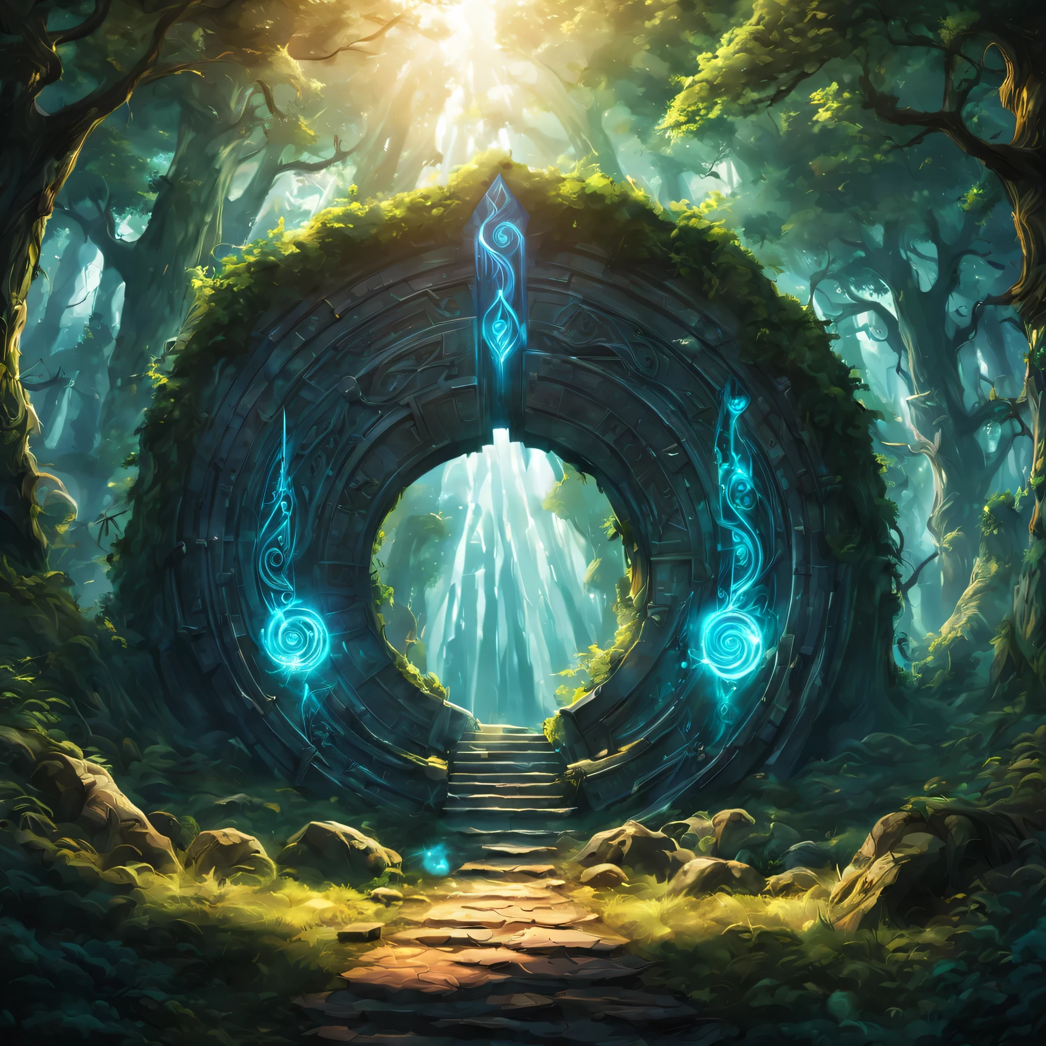 (anime, fantasy, portal),(best quality, highres, HDR:1.2),vibrant colors,mysterious atmosphere,magical portal,mystical creatures,enchanted forest,glowing runes,ethereal light,fantastical landscapes