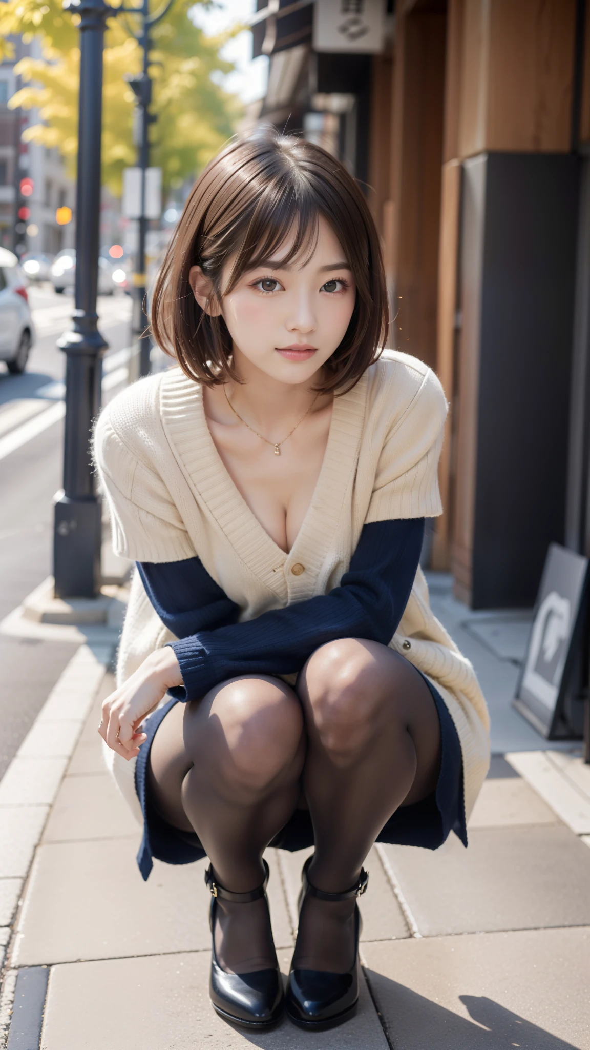 Photo taken by a professional photographer，Close-up of a woman squatting on the sidewalk with her legs crossed, kiko mizuhara, wearing a sweater, Shirahime cut brown hair, wearing a sweater, young and cute girl, japanese model, 白いwearing a sweater, Chiho, ランダムカラーのカジュアルなwearing a sweater,Cute ide waves with short hair, a cute young woman, cute young woman, black pantyhose，black tights，black high heels，