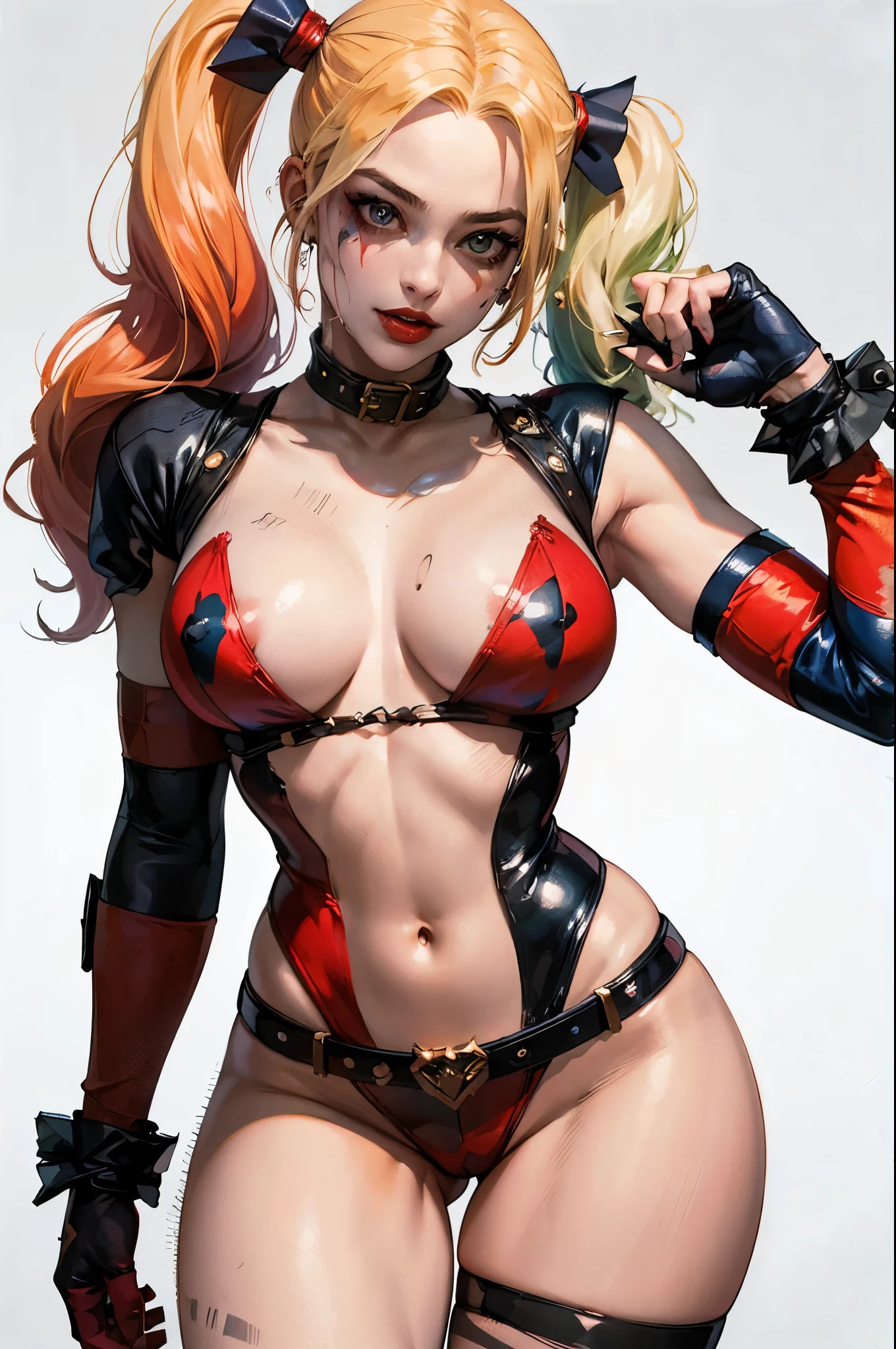 Generate an image of Harley Quinn in her classic costume. She should be wearing a tight-fitting harlequin bodysuit that's split vertically down the middle, with one side red and the other black. The suit has diamond patterns on it. She should be wearing a black and red jester hat with two floppy points each ending with a white bell. Over her eyes, there should be a black domino mask. Her outfit should also include a white ruffle collar and matching ruffle cuffs on her wrists. She should be wearing knee-high boots, one red and one black, matching the colors of her bodysuit. In one hand, she should be holding a large mallet, circus background, masterpiece, best quality:1.2),,(8k,highres,RAW photo,realistic,photo-realistic:1.3),(detailed skin texture,detailed cloth texture,beautiful detailed face:1.25),professional lighting,photon mapping,beautiful soft light,radiosity,physically-based rendering,raytracing, model shoot style, model shoot style, (extremely detailed CG unity 8k wallpaper), full shot body photo of the most beautiful artwork in the world, ((nsfw))