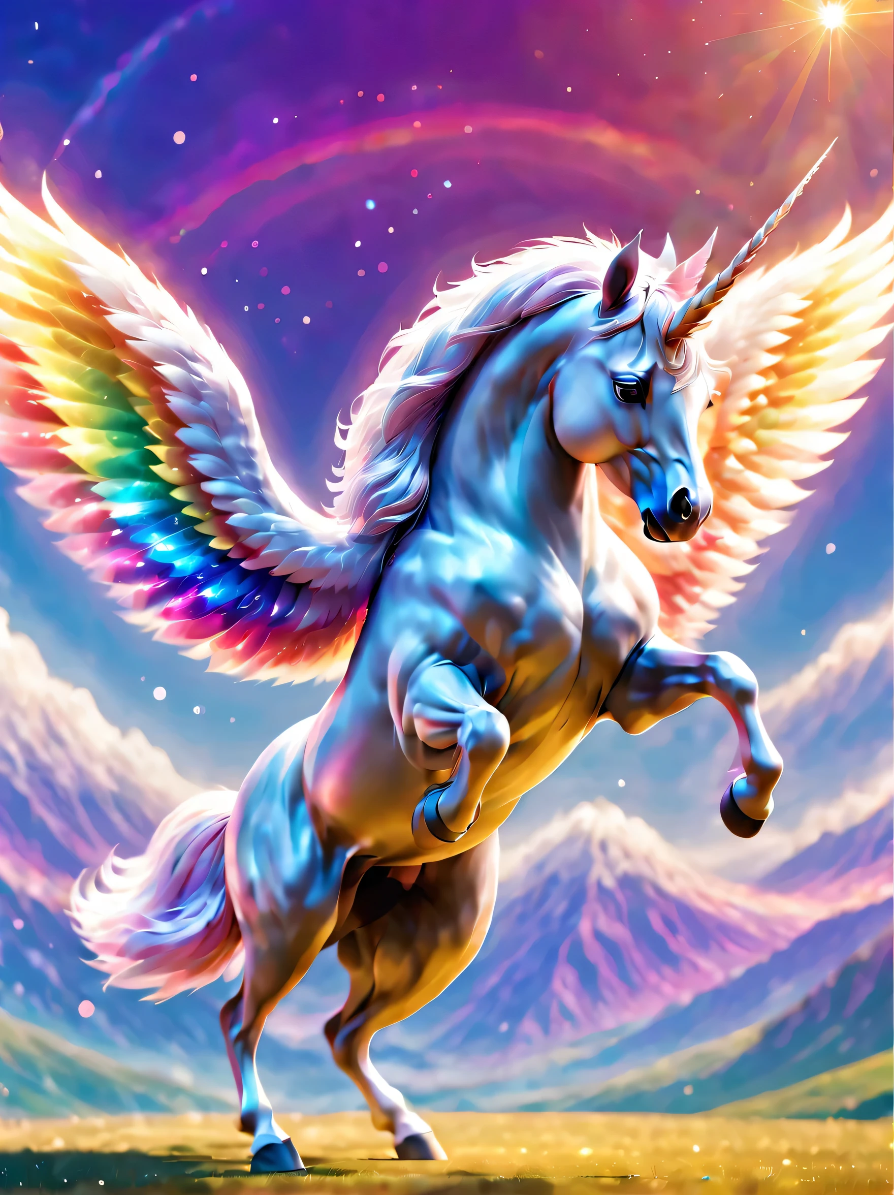 unicorn:unicorn:animal:horse:wing,cute,Silver fur,,dancing light effect,colorful,rich colors,Sounds like fun, doesn't it?,masterpiece,be familiar with,magic valley background,Sparkling,magic effect,rainbow,cloak