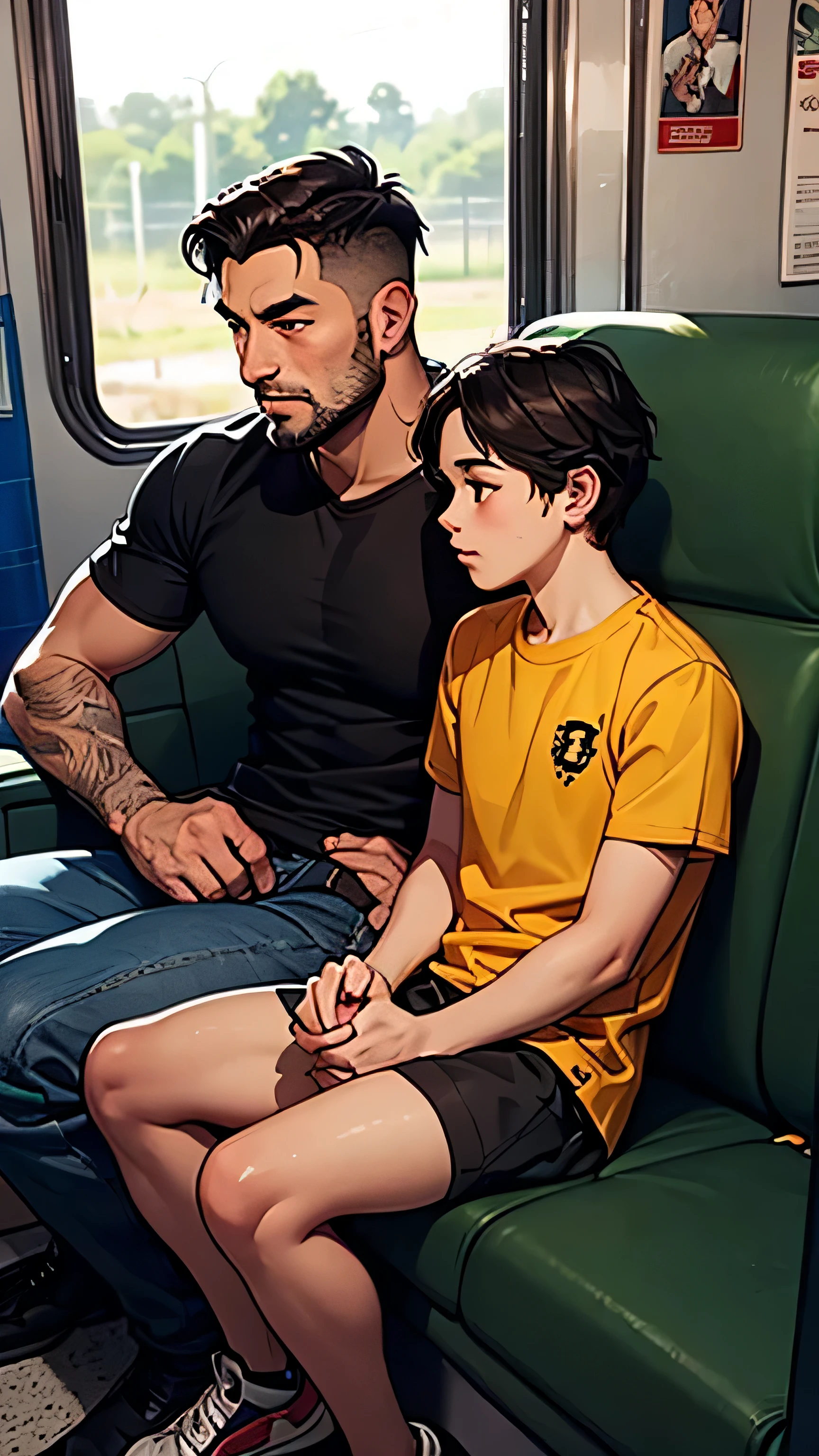 A dad with his 24 year old son sitting together inside the train watching outside the window