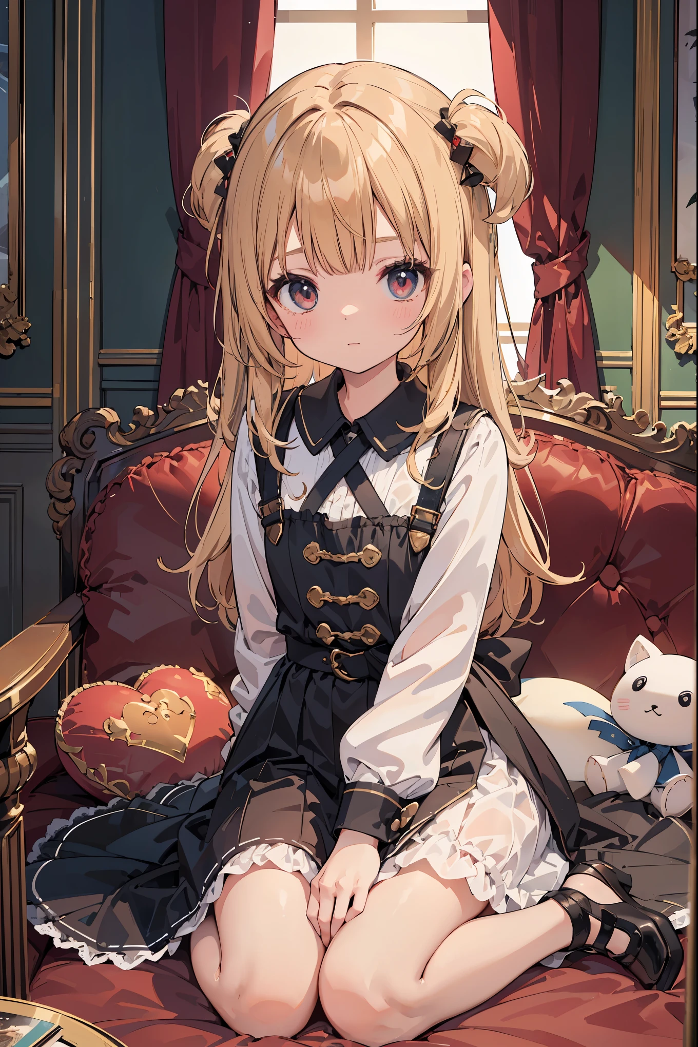 In a stylish room、(Girl's costume like a bisque doll:1.1)An adorable girl is sitting wearing。A charming ensemble、ruffled collar and cuffs、and his youth々Featuring delicate lace details that accentuate its innocent look.。her hair is perfectly styled、It is characterized by a clean center parting and soft waves that frame the face.。She exudes sophistication and poise、look forward as if lost in thought。The room around her is filled with ornate decorations.、Plush cushions and plush curtains add to the overall elegance。The atmosphere is one of sophistication and sophistication、Perfect for a girl's sophisticated look。Despite its small stature,、There's a quiet confidence in the air、It's like I'm aware of my own charm、It's like you know how to use it to your advantage.。( cute girl:1.2)、solo、(soloフォーカス:1.3)、Wariza、Close-up