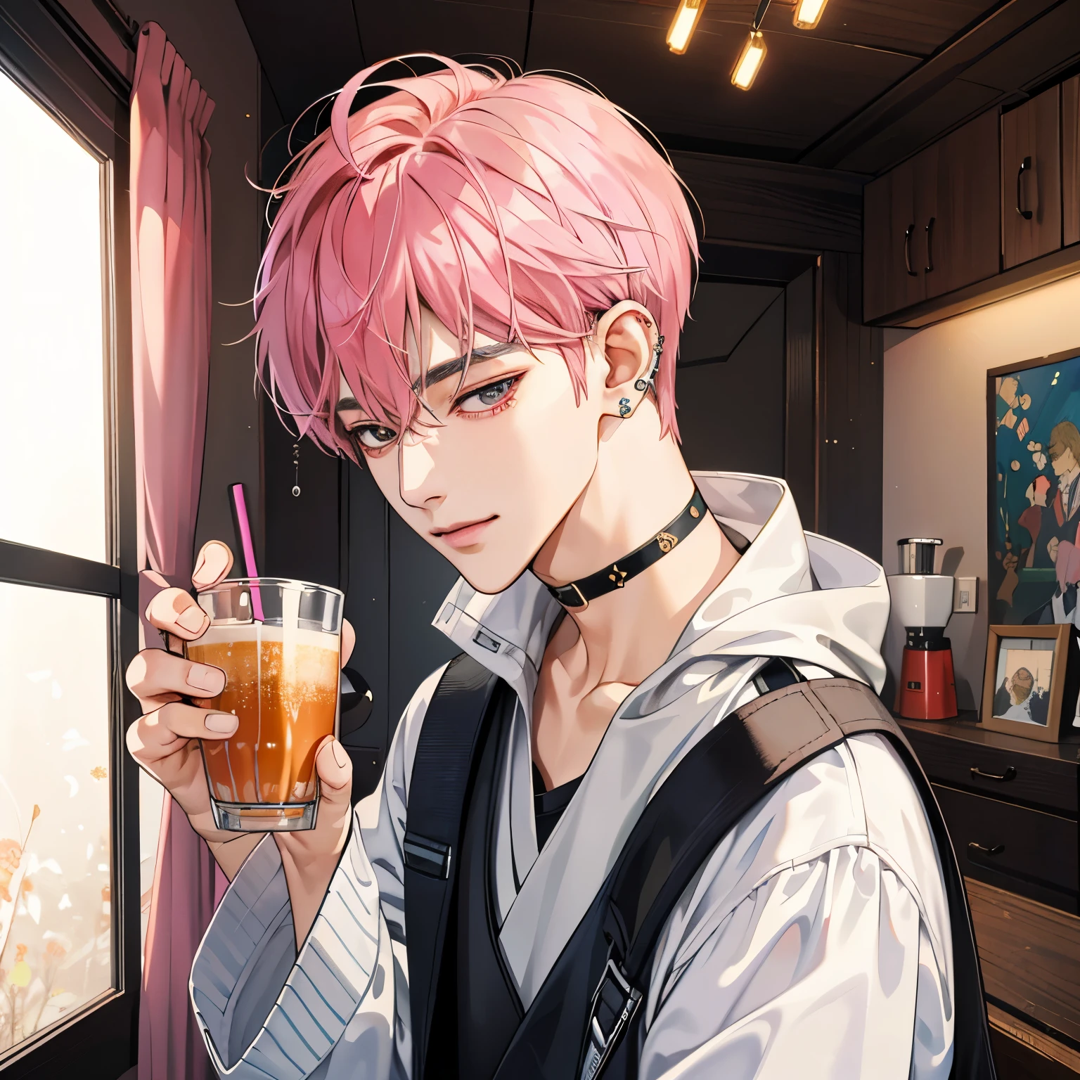 Guviz-style artwork, anime realism style, realistic anime art style, Inspired by Kim Taehyung, In an anime style, anime handsome man, dark pink hair、A sloppy smile、choker、Multiple piercings、Man with short hair、One man、gray eyes、room、暖かいroom、hold a hot drink in both hands、upward glance、Multiple piercings、Roomwear、upward glanceでこちらを見上げる、relaxed atmosphere、Inspired by Kim Taehyung、calm atmosphere