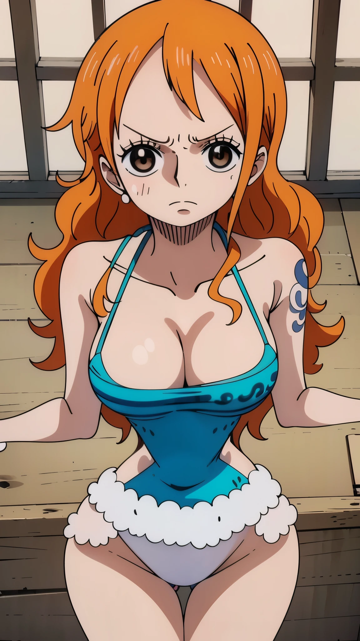 Générez une image réaliste de style anime de Nami à partir de One Piece. Capturez son apparence distincte avec des cheveux orange, une chemise rayée bleue et blanche, et une expression joyeuse. Assurez-vous que l’image reflète sa personnalité aventureuse et confiante telle que dépeinte dans l’anime., Planifiez grand , tout le corps, Curvy athlétique, gros seins, cuisses épaisses, nsfw