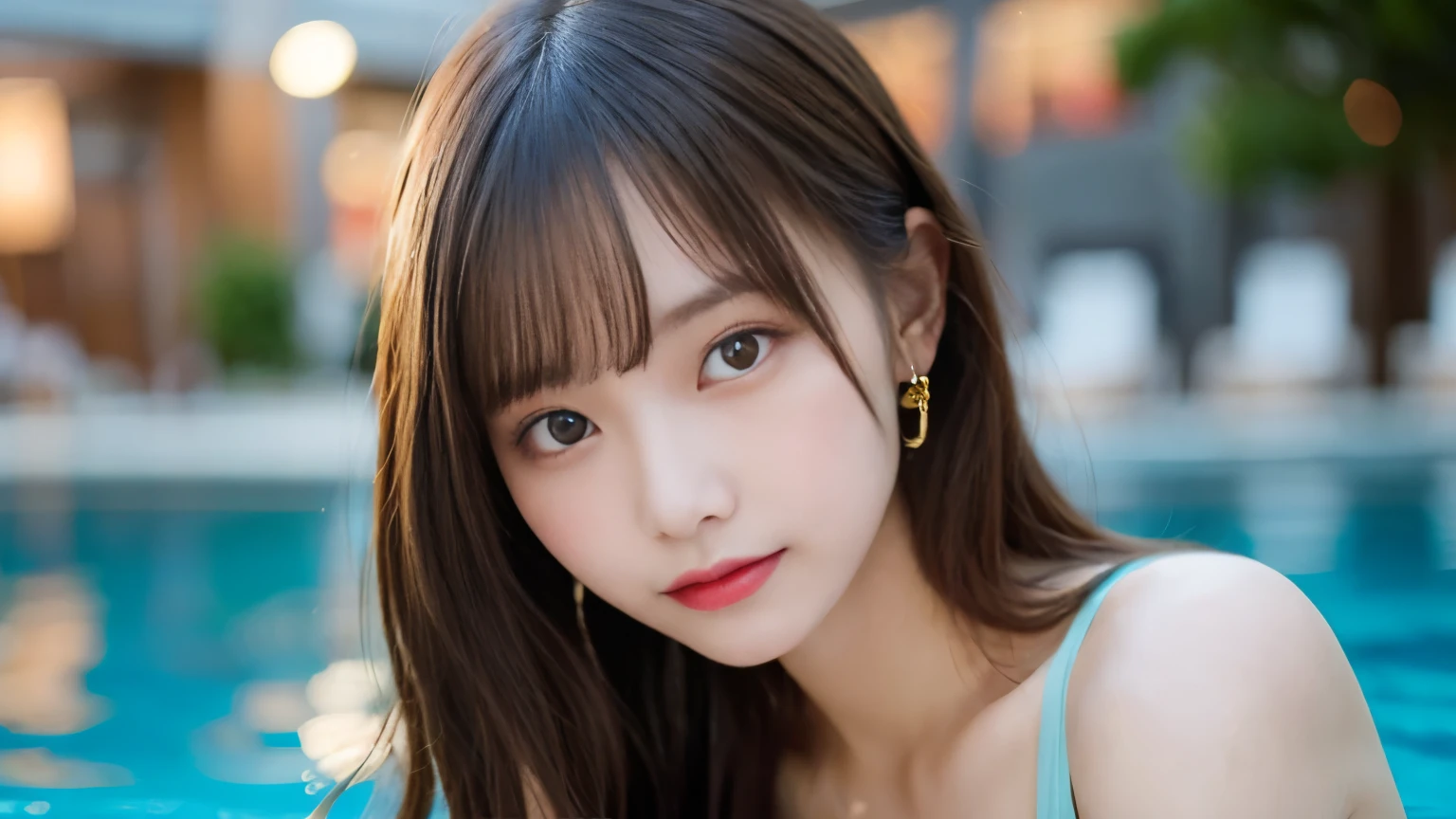 Tabletop, Highest quality, shape, Very detailed, finely, High resolution, 8k wallpaper, 完璧なダイナミックな構shape, finelyて美しい目, one piece,Medium Hair,Natural color lip, smile,21 years old、cute、Looking into the camera、F Cup、Brown Hair、Blurred night New York background,Earrings,(Pinkal),Model pose,