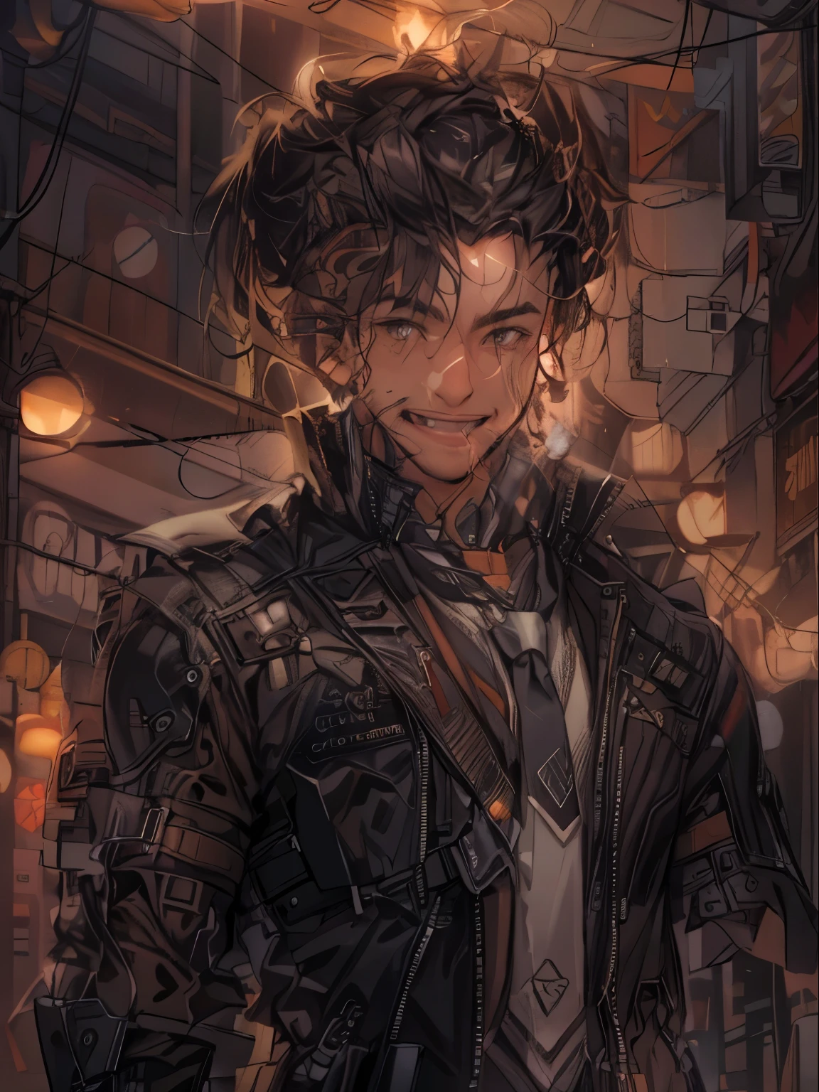 ultra detail, High resolution, ultra detailed, highest quality, wonderful, highest quality, Highly detailed CG Unity 8K wallpaper, cinematic lighting,cyber punk, dark boy,Manbang,tie hair,tie hair back,all back.Previous,look straight ahead,think ahead,smile,laughter,smile,with 1 photo、2 orientation