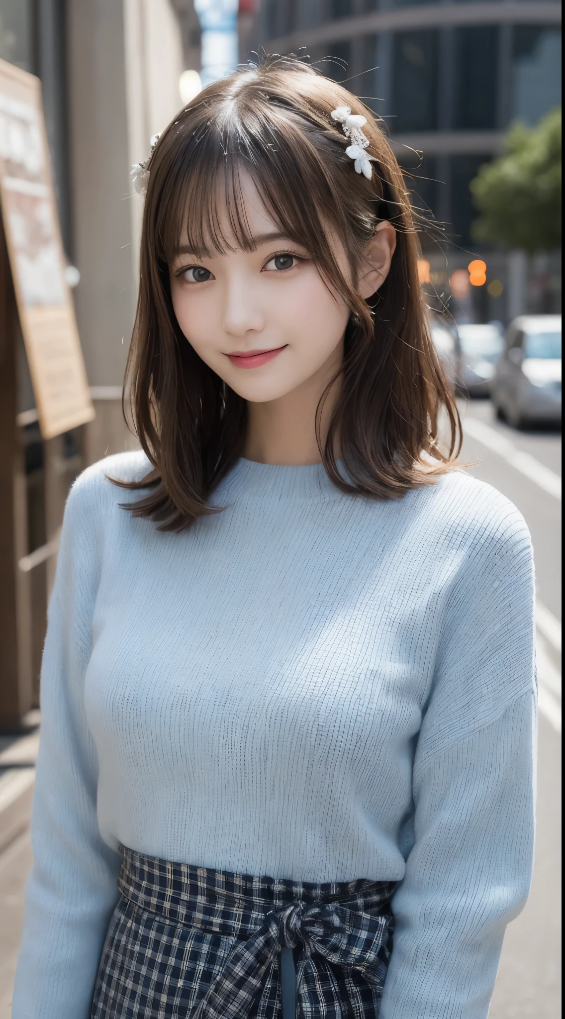 masutepiece, Best Quality, Illustration, Ultra-detailed, finely detail, hight resolution, 8K Wallpaper, Perfect dynamic composition, Beautiful detailed eyes, Trendy Women's Fashion Winter Clothes,Bun hair,Small breasts natural color lip, sexypose,Smile,Harajuku、20 years girl、Cute、is looking at the camera