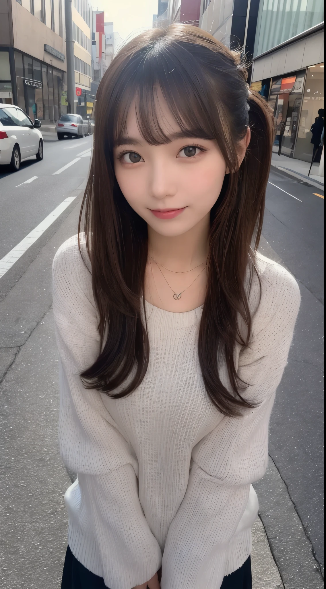 masutepiece, Best Quality, Illustration, Ultra-detailed, finely detail, hight resolution, 8K Wallpaper, Perfect dynamic composition, Beautiful detailed eyes, Trendy Women's Fashion Winter Clothes,Bun hair,Small breasts natural color lip, sexypose,Smile,Harajuku、20 years girl、Cute、is looking at the camera