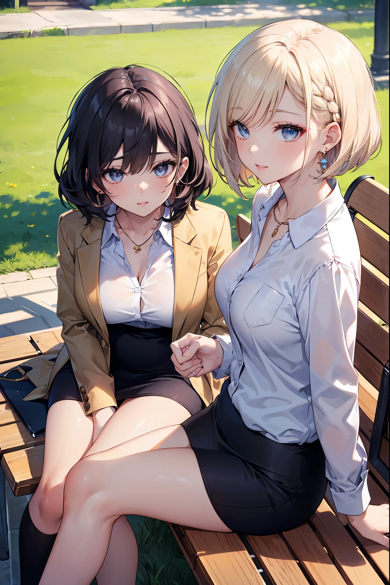 (table top: 1.3), (maximum resolution: 1.2), (Ultra HDTV: 1.2), cinematic light, Ultra HDTV, (fine eyes and skin), (detailed facial features), nffsw, 8K resolution, perfect style, beautiful face, acura, anatomically correct, Highly detailed face and skin texture, fine eyes, dark blue eyes, double eyelid, thin eyebrows, glitter eyeliner: 1.2, natural cheeks, Glossy skin, Fair skin: 1.2, small shiny necklace and earrings, (glossy lips: 1.4), break, absurd, one person's perspective, (she is a teacher), (wear a button up shirt, formal jackets, pencil skirt, high heels), (Seductive smile: 1.2), (look at the viewer), ((mature and beautiful girl:1.3)), (layered hairstyles, messy hair), (golden silky hair:1.2), medium bob cut braid hair, (full body shot: 1.2), focus on face, ((very close relationship: 1.2)), Huge chest and swaying breasts under the shirt,, ((Sitting on a bench in the middle of the lawn with the female students during lunch break at junior high school.:1.2)), ((teacher's lunch break)), (from directly above:1.2),