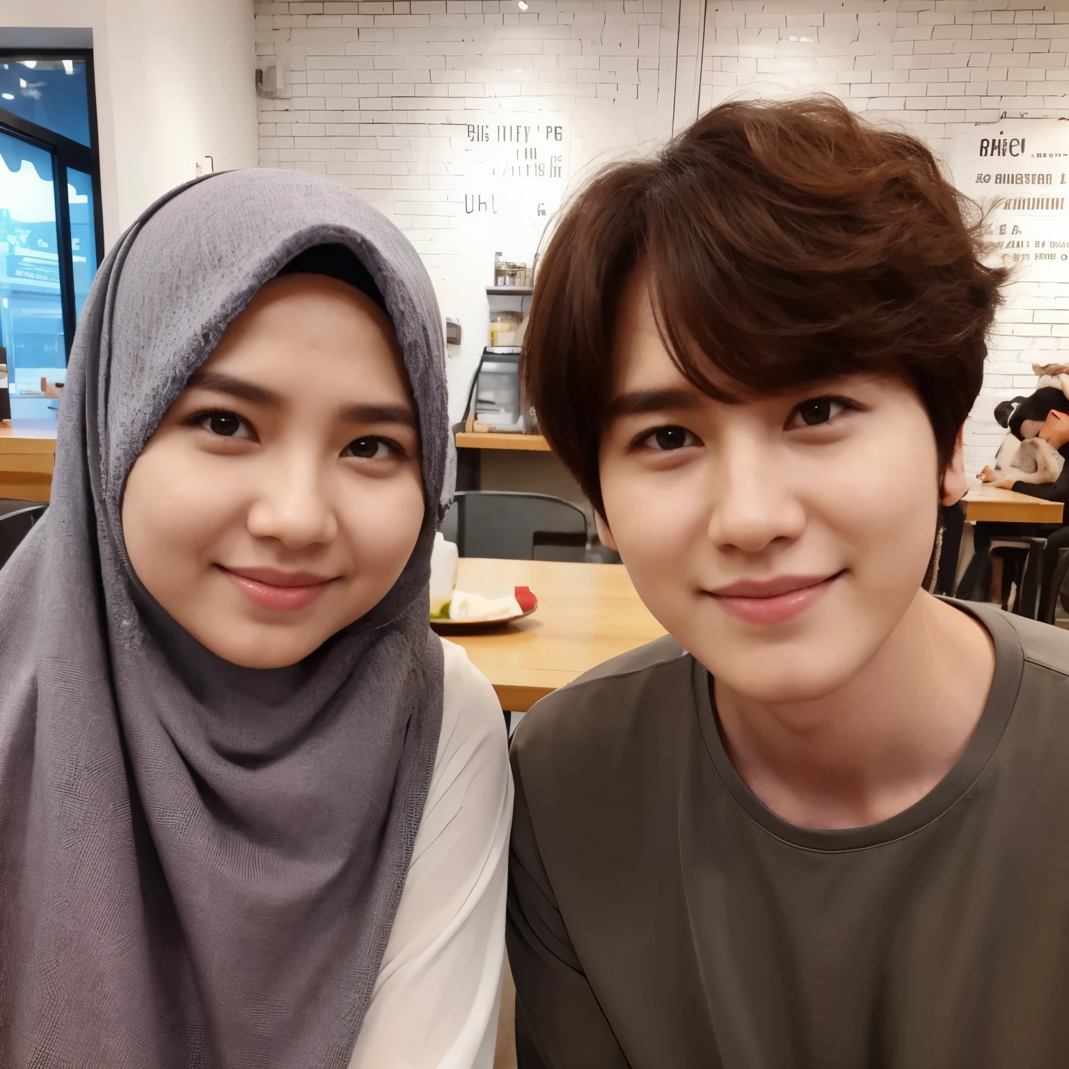 seorang wanita menggunakan hijab berumur 33 tahun berat badan 65..sedang duduk di sebelah kyuhyun super junior .. mereka terlihat senyum malu malu..latar nya di cafe .. gambar di foto menggunakan kamera terbaik di dunia..super realistik.. ultra hd..8k