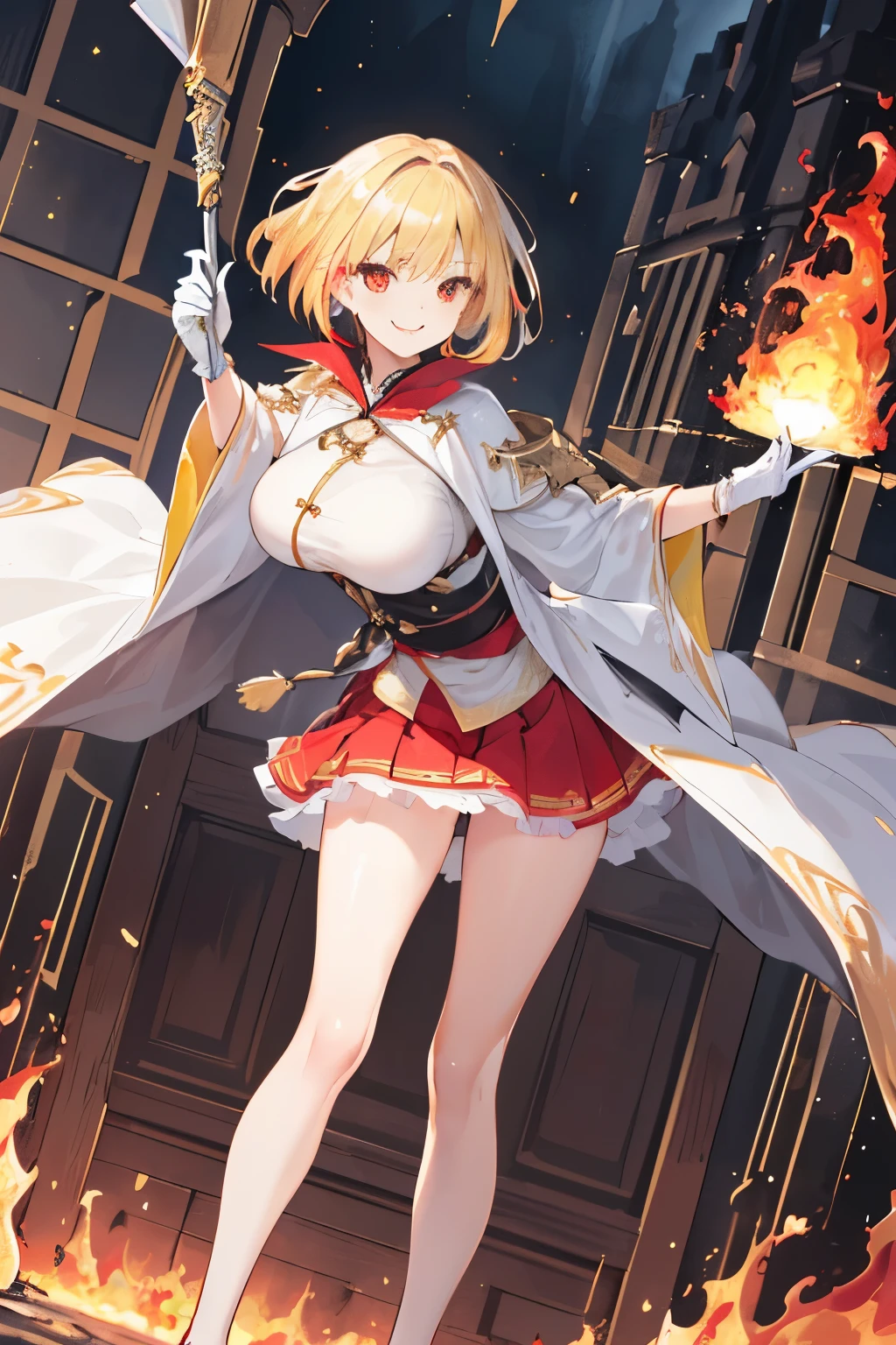 (((1girl))), ((best quality)), ((masterpiece)), ((ultra-detailed)), (illustration), (detailed light), (an extremely delicate and beautiful), (beautiful detailed eyes), (sunlight), ((extremely light)),  ((extremely clothes)), (((hyper detail))),(((((front lighting))))),(((((front light))))),

((((quite adorable and erotic Wizard's robe with a skirt)))), (((High Class Wizard))),
, 

wavy short manish bob, ((((yellow gold hair)))), (((short hair))), 
(((ruby red eyes))), 

(((whole body))), aged 8 to 12, ((((())))),
((condescending expression)), ((mischievous smile with sexual satisfaction)),  (((extra adorable))), (((extra slender shape))), 
(((extremely beautiful detailed face))),

(((attacking enemies by a spell of strom of huge fire))), 

(((((Dutch angle))))), (((white gloves))), exposed pure red panties