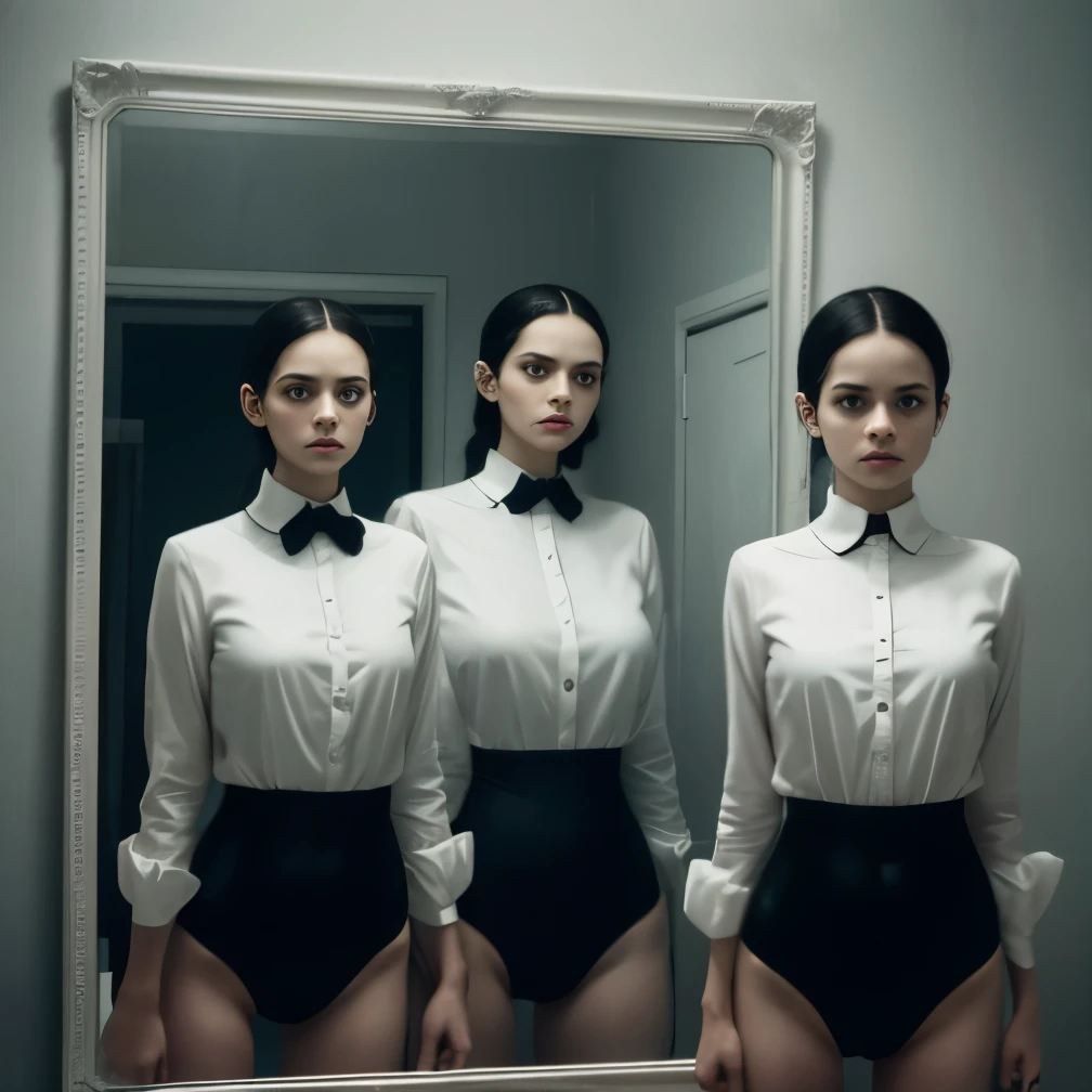 An arafi image of a girl wearing a black high-leg swimsuit standing in front of a mirror, wearing a white collared blouse、inspired by Gottfried Helnwein, Irwin Olaf, spooky netflix still shot, 3 sisters look into the mirror, Stills from horror movies, Spooky , horror pictures, scared :7, spiritual eerie Spooky picture, Psychological horror movies still, Inspired by Diane Arbus