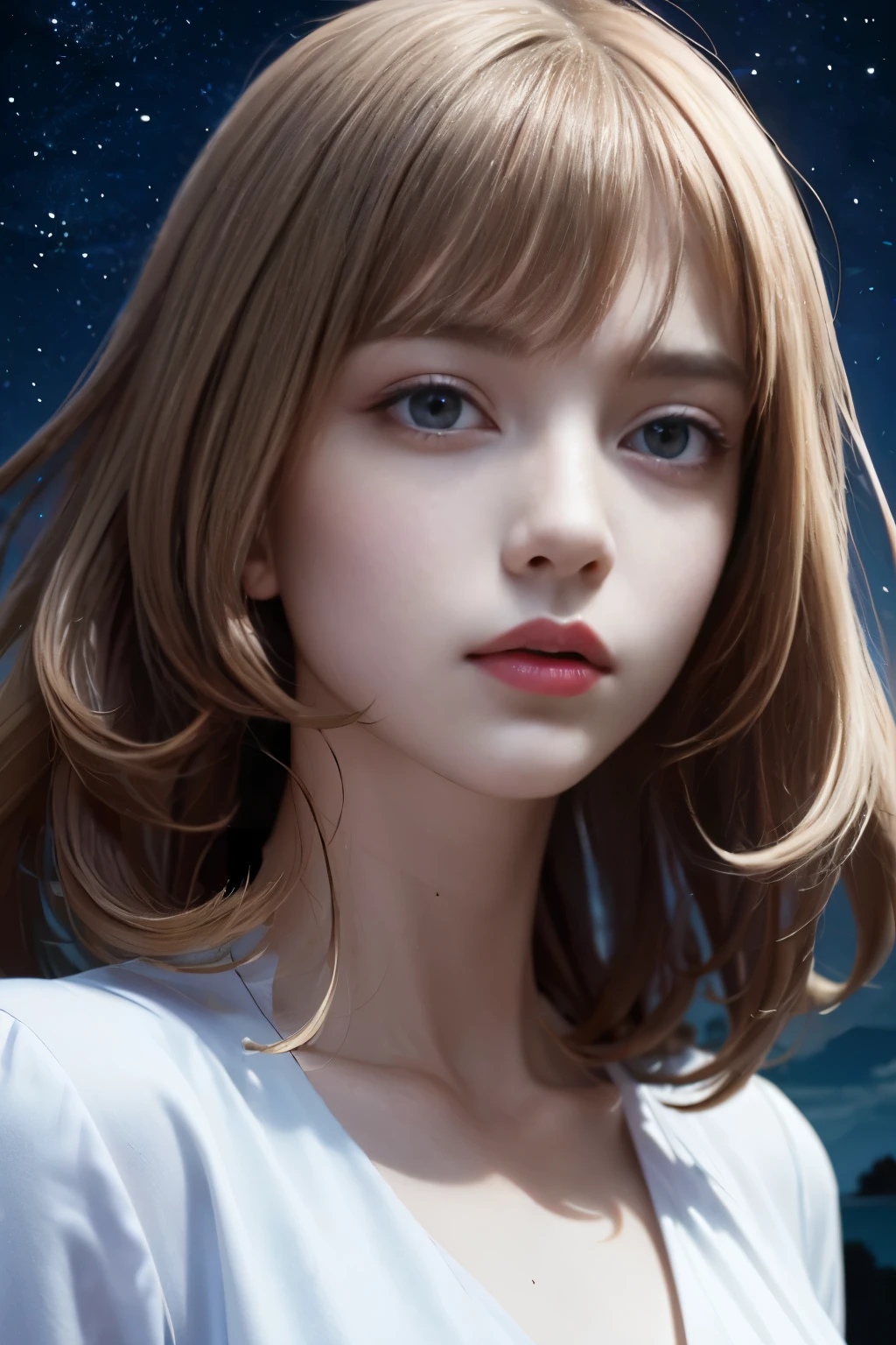 masterpiece, best quality, (alone focus), (perfect face:1.1), (high detail:1.1), (Super detailed eyes), dramatic, 1 person, (pale skin), 金色的long hair, ethereal eyes, (Light eyebrows), alone, long hair, Jordan Barrett, moon, night,Mature big sister，charming
