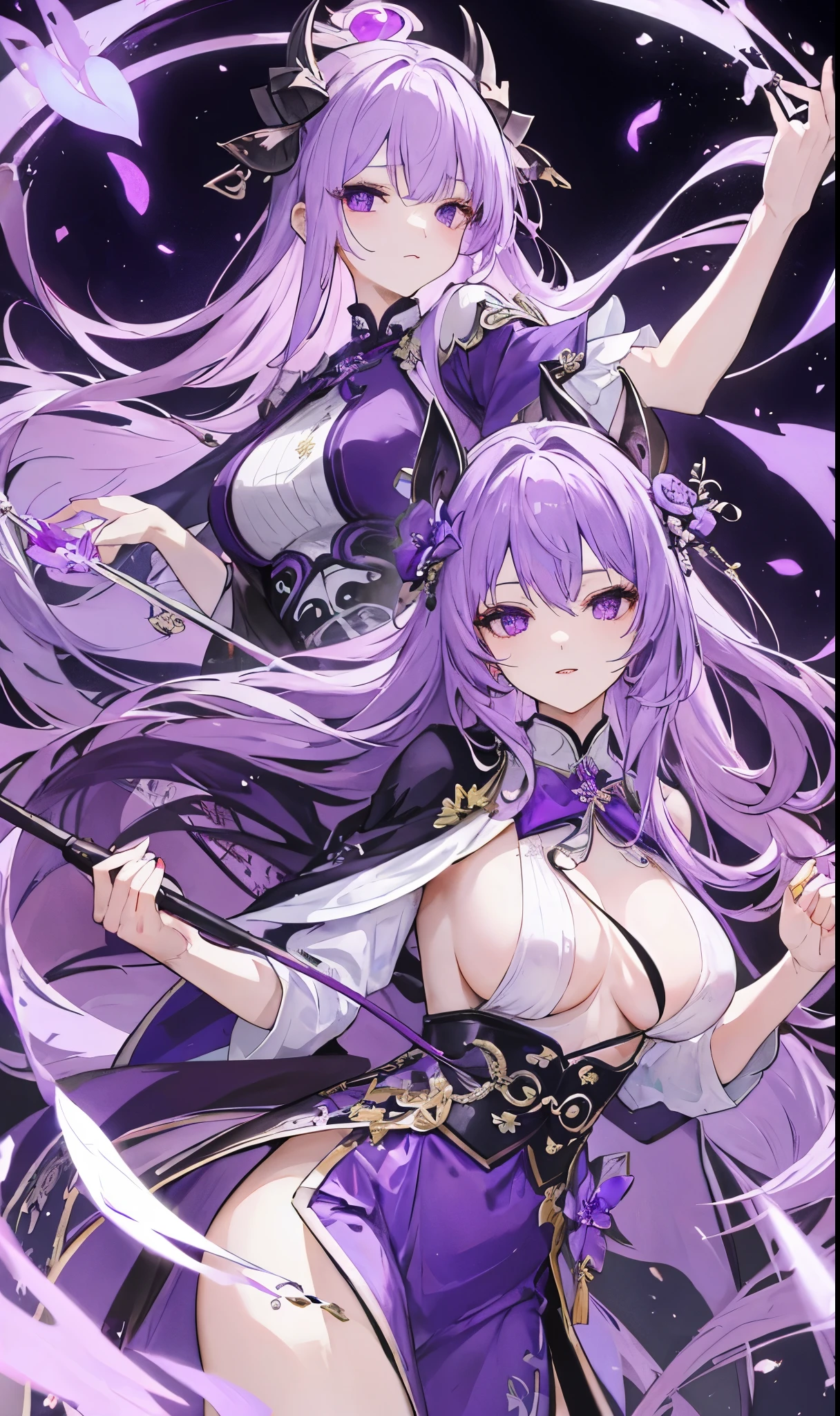 violets for decoration，Long light purple hair，Dark purple and white clothes，Fairy Sister of Hehuan Sect，A crazy beauty who knows how to whip slaves！