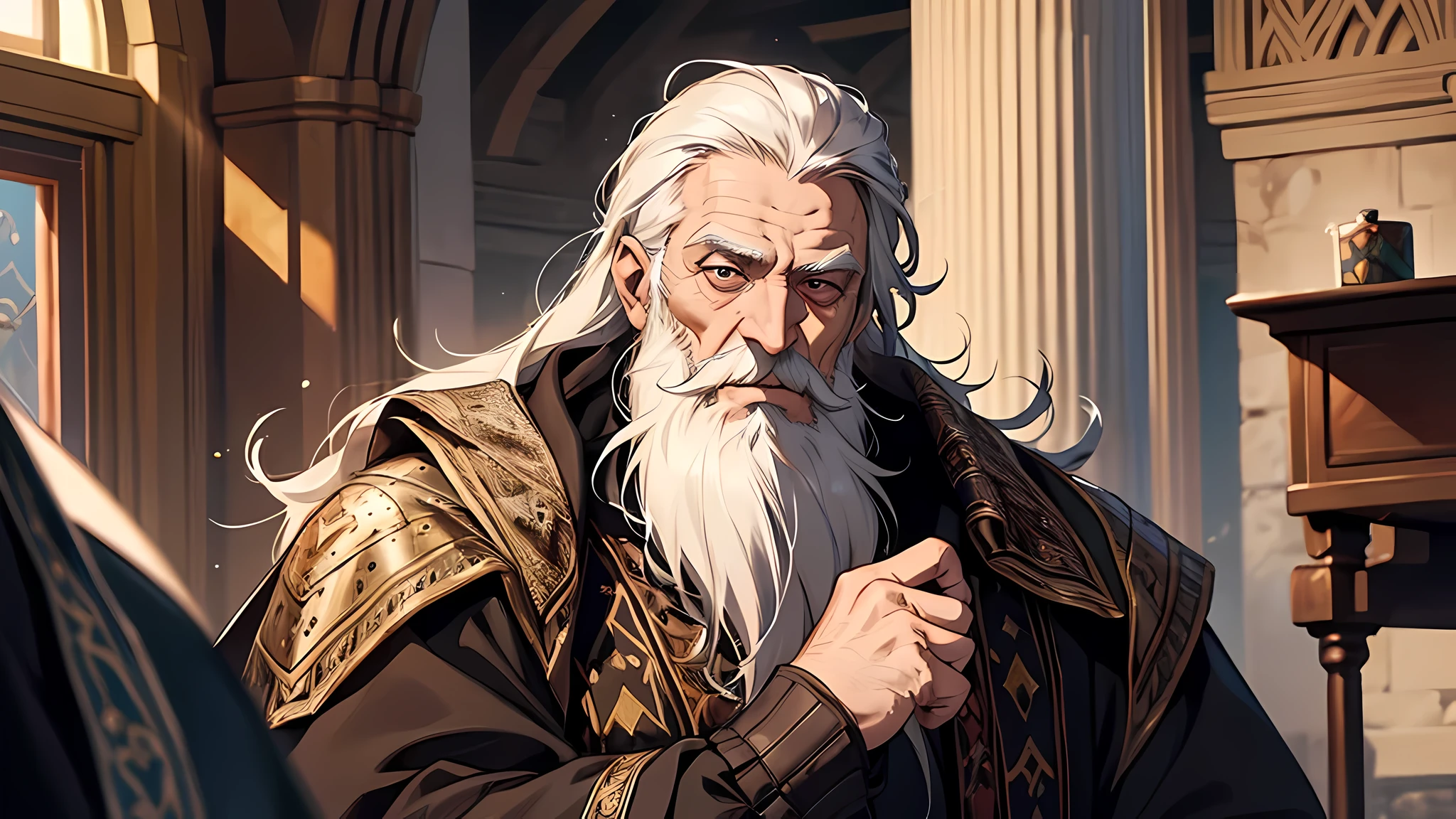 knight commander, old man, long beard, medieval times, talking in honor, detailed face, detailed eyes, detailed nose, respected, in a office, pointing at something
