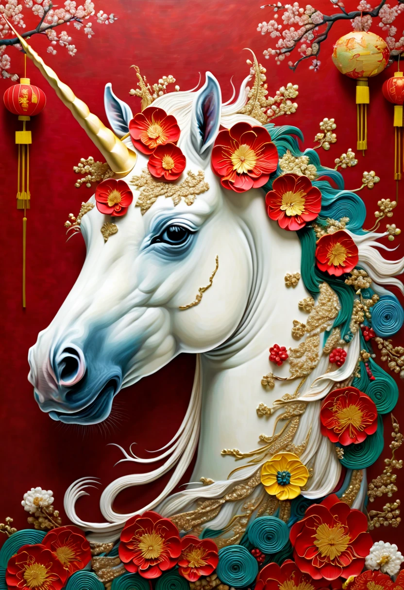 unicorn, chinese style background combines traditional chinese art style with modern design, in the style of colorful textures, radiant clusters, lowell herrero, dark red, rebecca louise law, colorized, chinese new year festivities